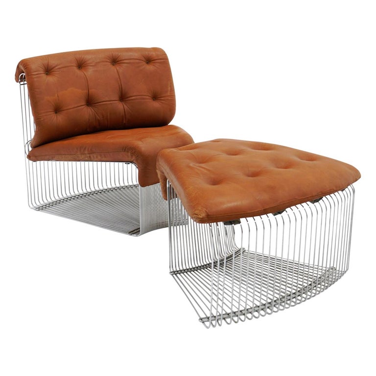 Pantonova Chair and Ottoman by Verner Panton, Chrome Steel and Cognac Leather For Sale