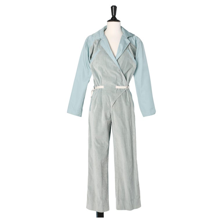 Pantsuit Courrèges in grey velvet and light blue cotton For Sale at 1stDibs