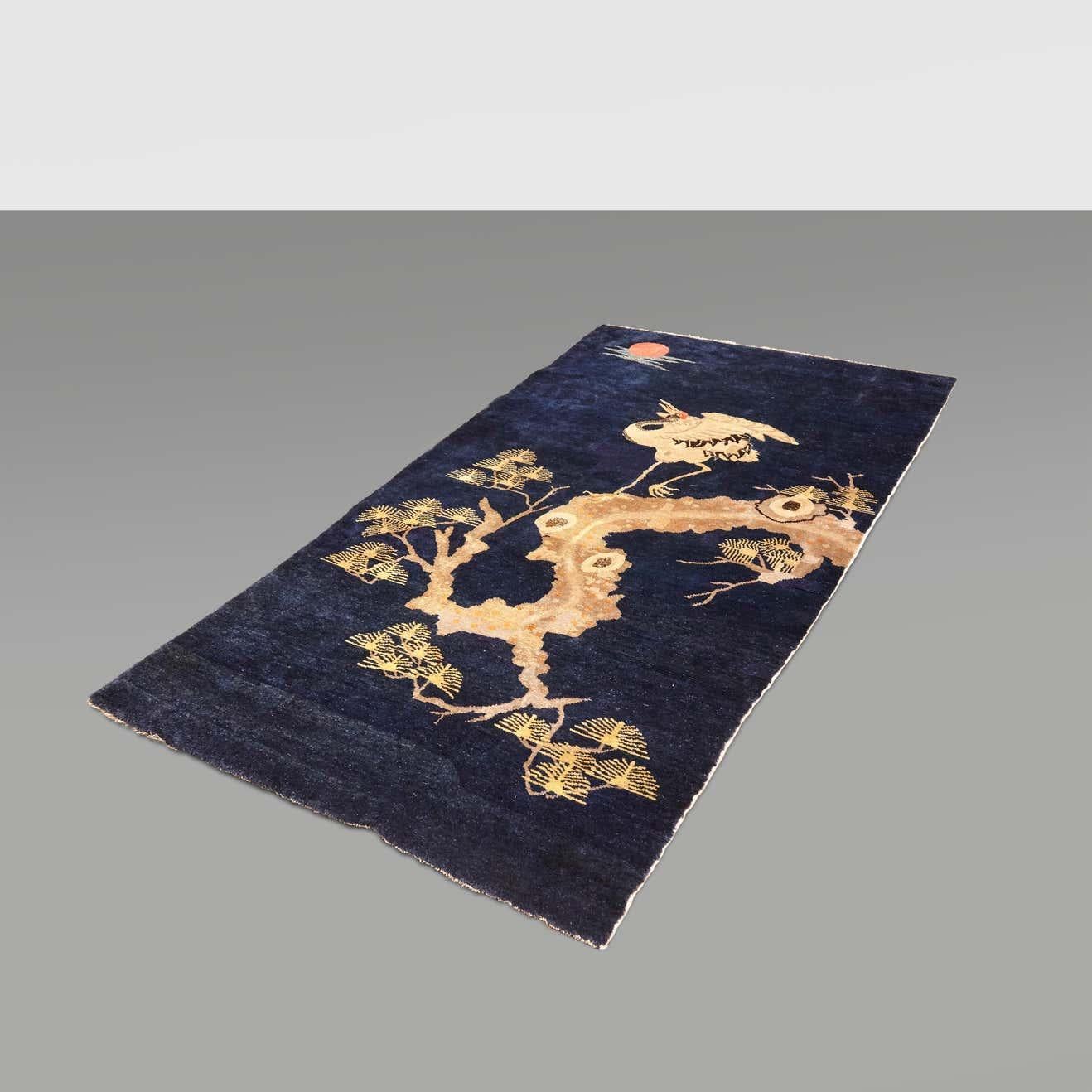 Pao Tou Crane Chinese Export Hand Knotted Wool Antique Rug, Early 20th Century For Sale 11