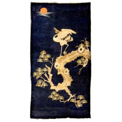 Pao Tou Crane Chinese Export Hand Knotted Wool Antique Rug, Early 20th Century