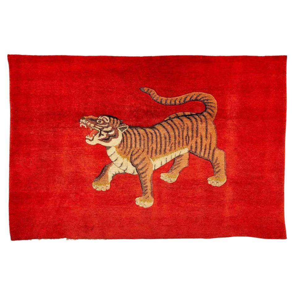 Pao Tou Tiger Chinese Export Hand Knotted Wool Antique Rug, circa 1930 For Sale