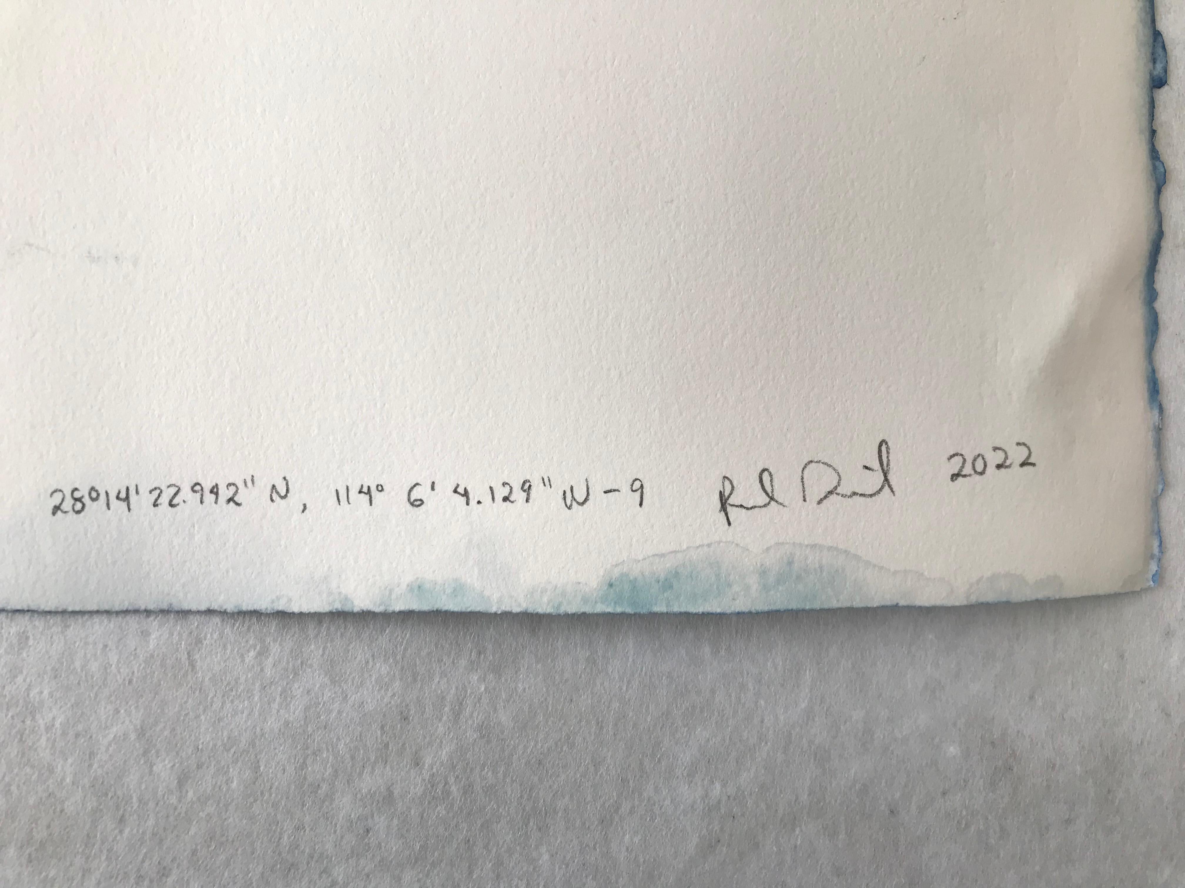 28° 14' 22.942'' N,  114° 6' 4.129'' W-9
From the SHORE series.
Cyanotype on 300 gr cotton paper
One of a kind

The title of each piece corresponds to the geographical coordinates of the place where the pieces were made. The last number indicates