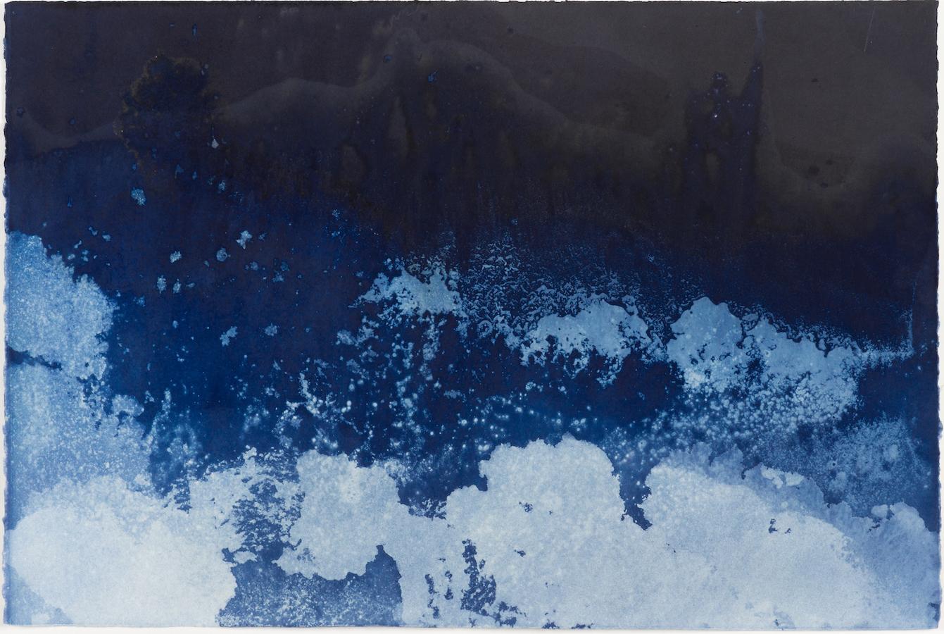 Paola Davila Landscape Photograph - 28° 50' 27.1314" N 111° 58' 3.4674" W-9  Cyanotype photograph of the ocean waves