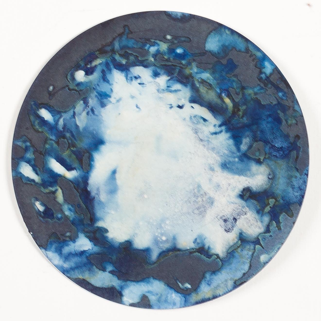Algas 23, 63 y 64, 2022 by Paola Davila 
From the series Mareas
Cyanotype on 300 gr cotton paper
Mounted in a high-resistance borosilicate glass petri dish
Overall size: 36 cm Dm x 12 cm H x 2.4 cm Deep.
Individual Image size: 10.5 cm D. 
Each Petri