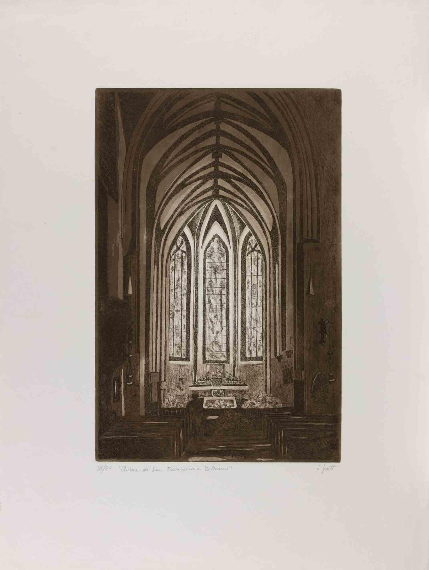Interior of the Church of Saint Francis in Bolzano-Etching by Paola Grott-1990s