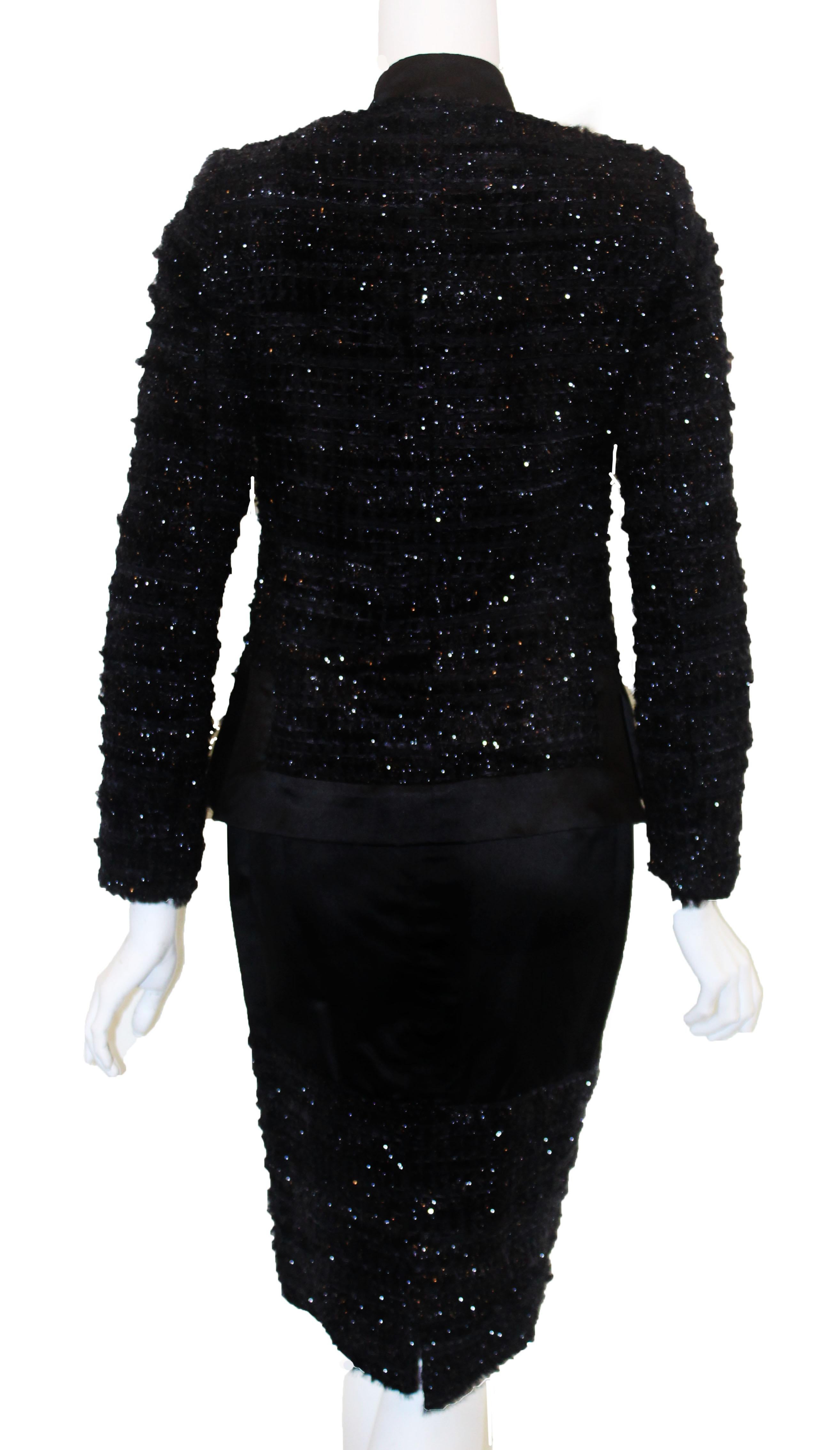 Paola Quadretti Black Fringe Tweed Skirt Suit Size US 4 In Excellent Condition For Sale In Palm Beach, FL