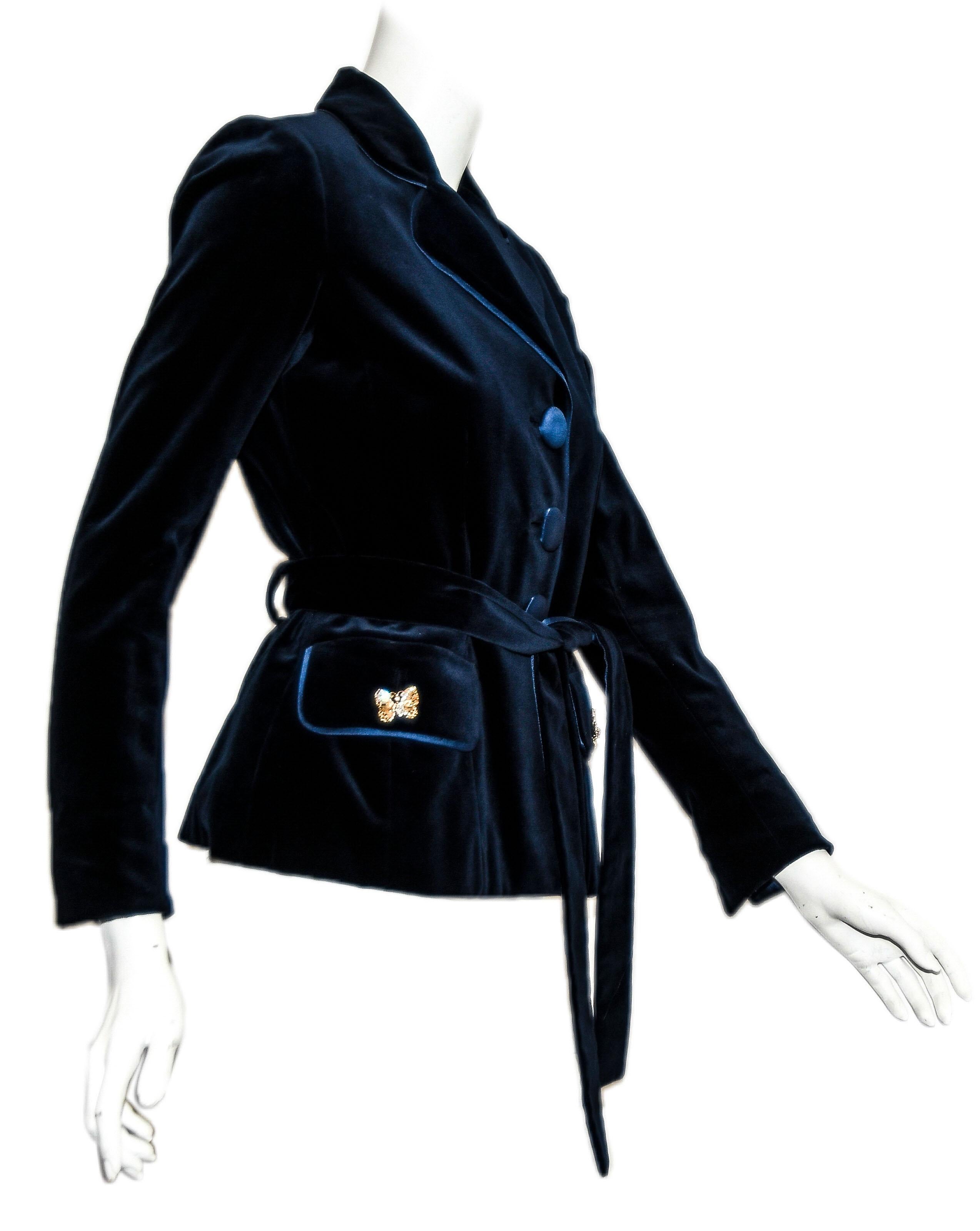 Black Paola Quadretti Blue Velvet Cotton & Silk Jacket with Silk Sash For Sale