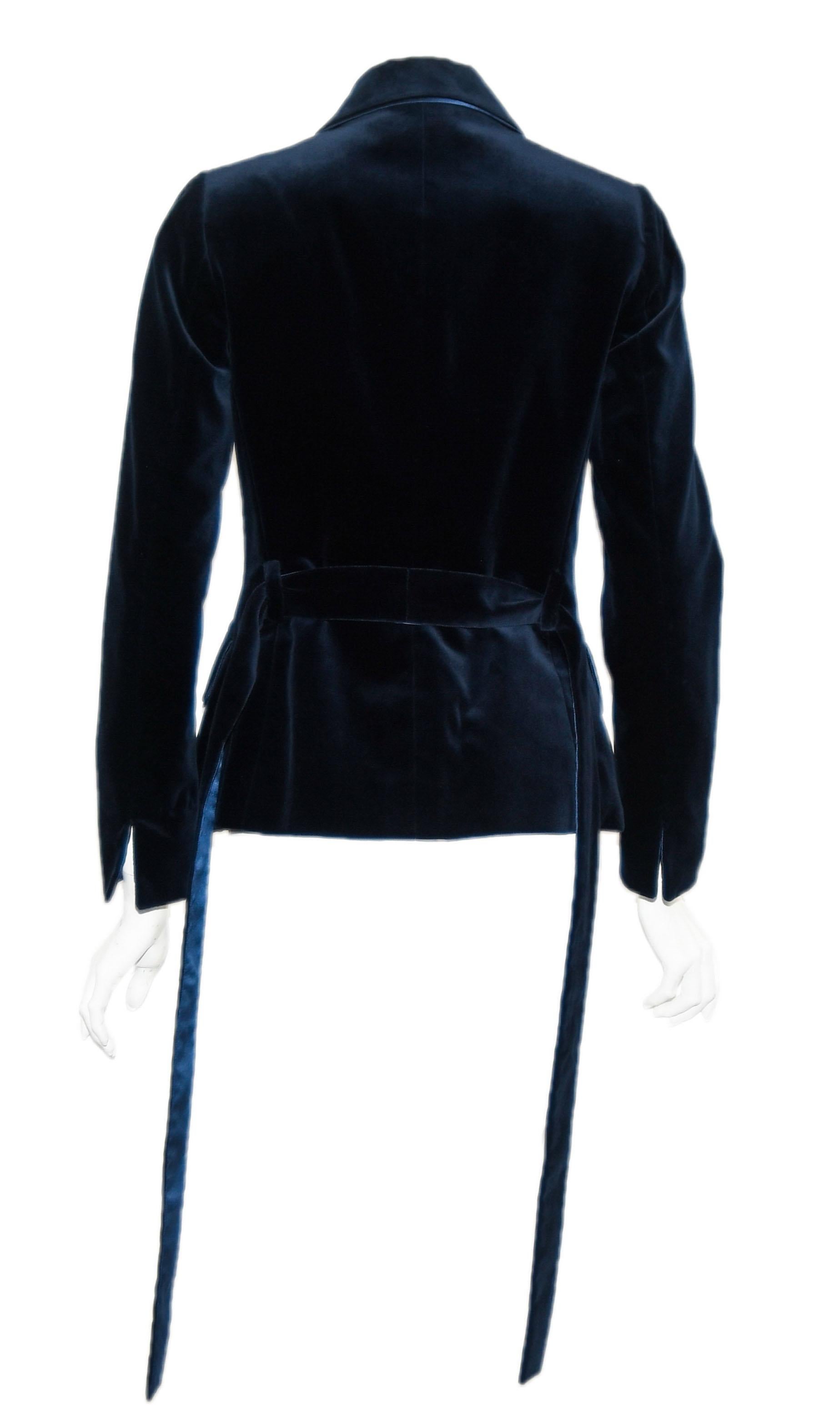 Paola Quadretti Blue Velvet Cotton & Silk Jacket with Silk Sash In Excellent Condition For Sale In Palm Beach, FL