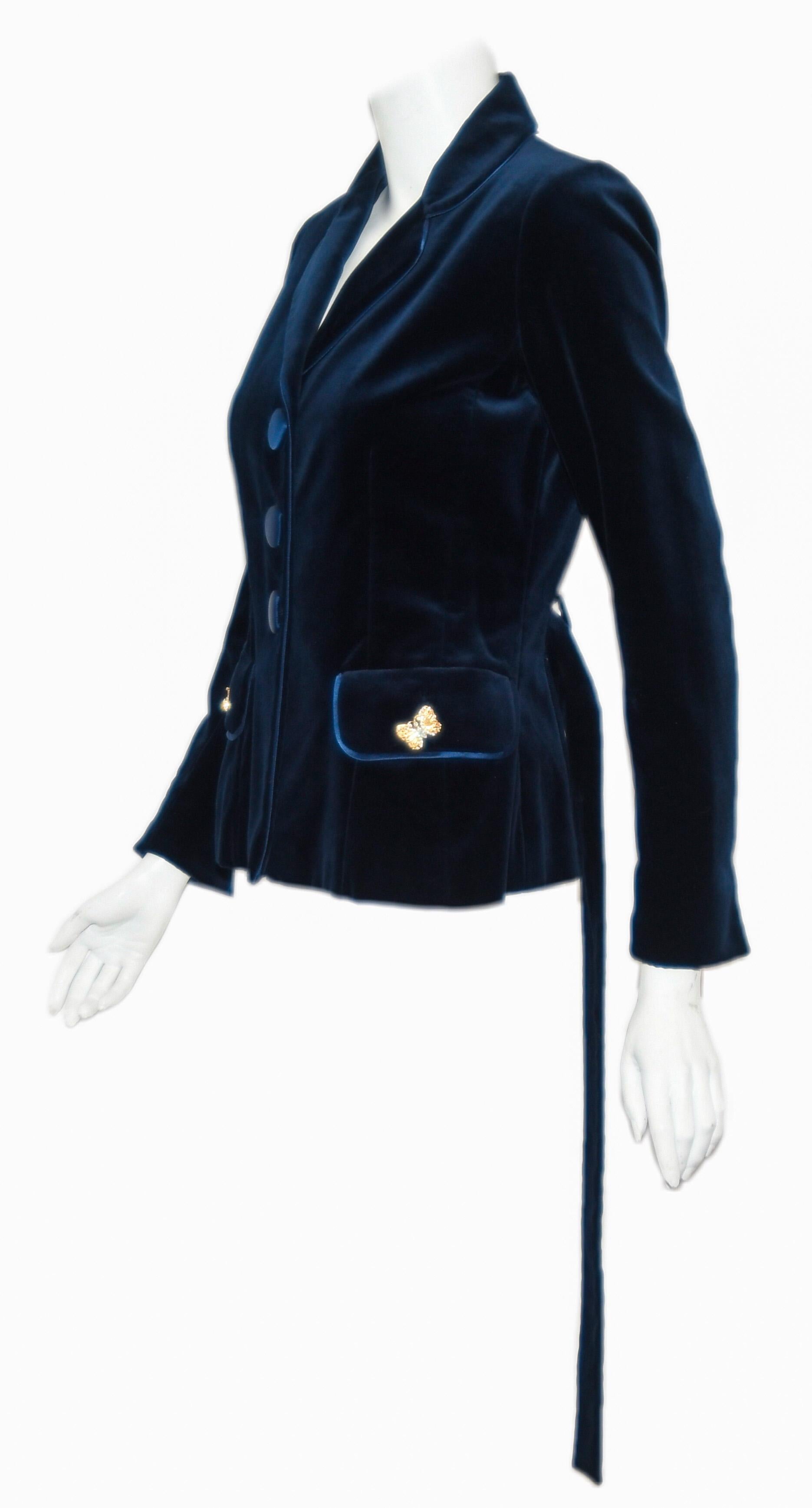 Women's Paola Quadretti Blue Velvet Cotton & Silk Jacket with Silk Sash For Sale