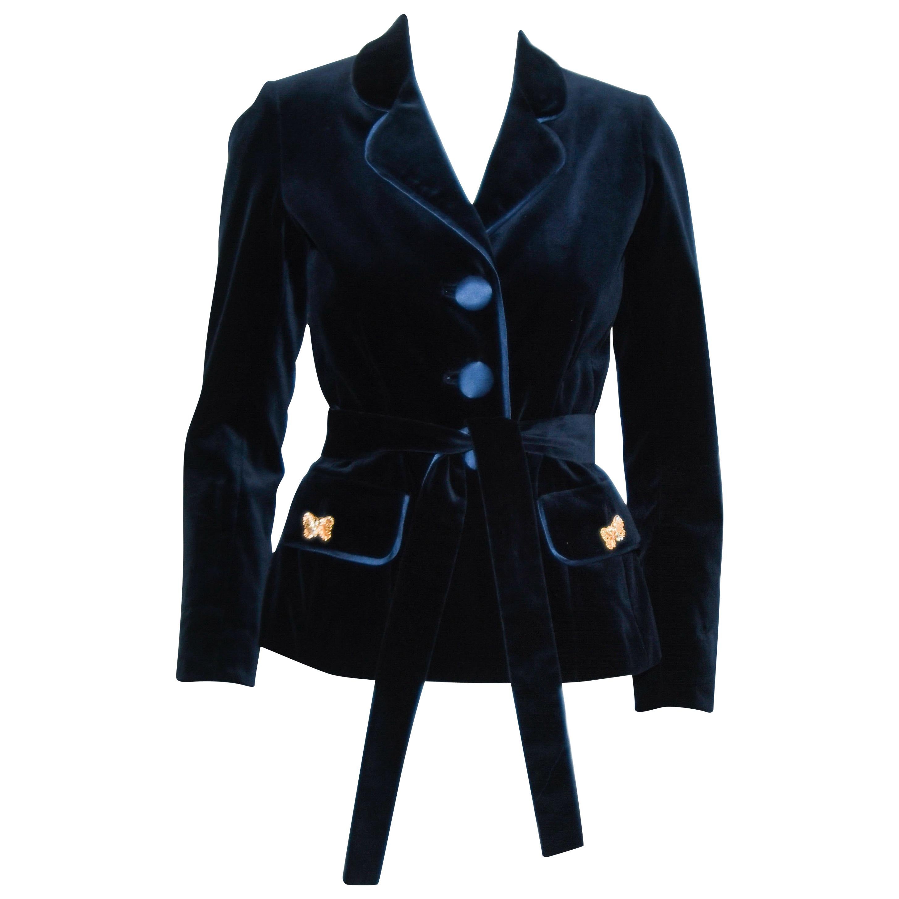 Paola Quadretti Blue Velvet Cotton & Silk Jacket with Silk Sash For Sale