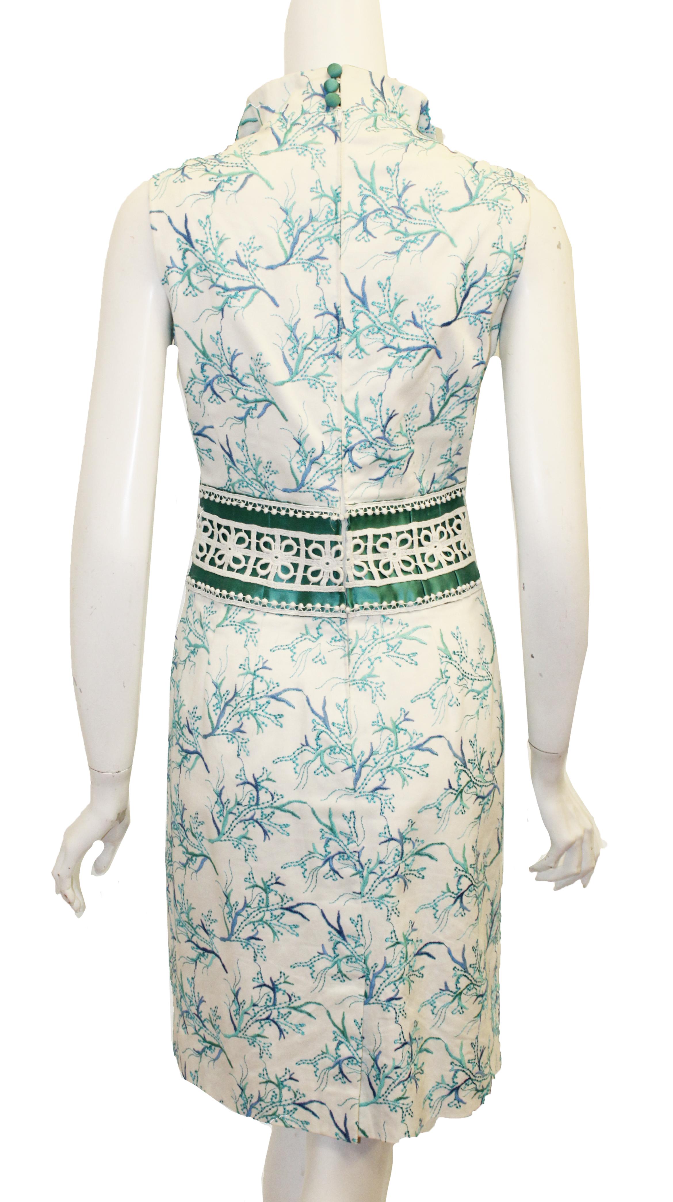 Green Paola Quadretti White & Turquoise Embroidered Dress 
