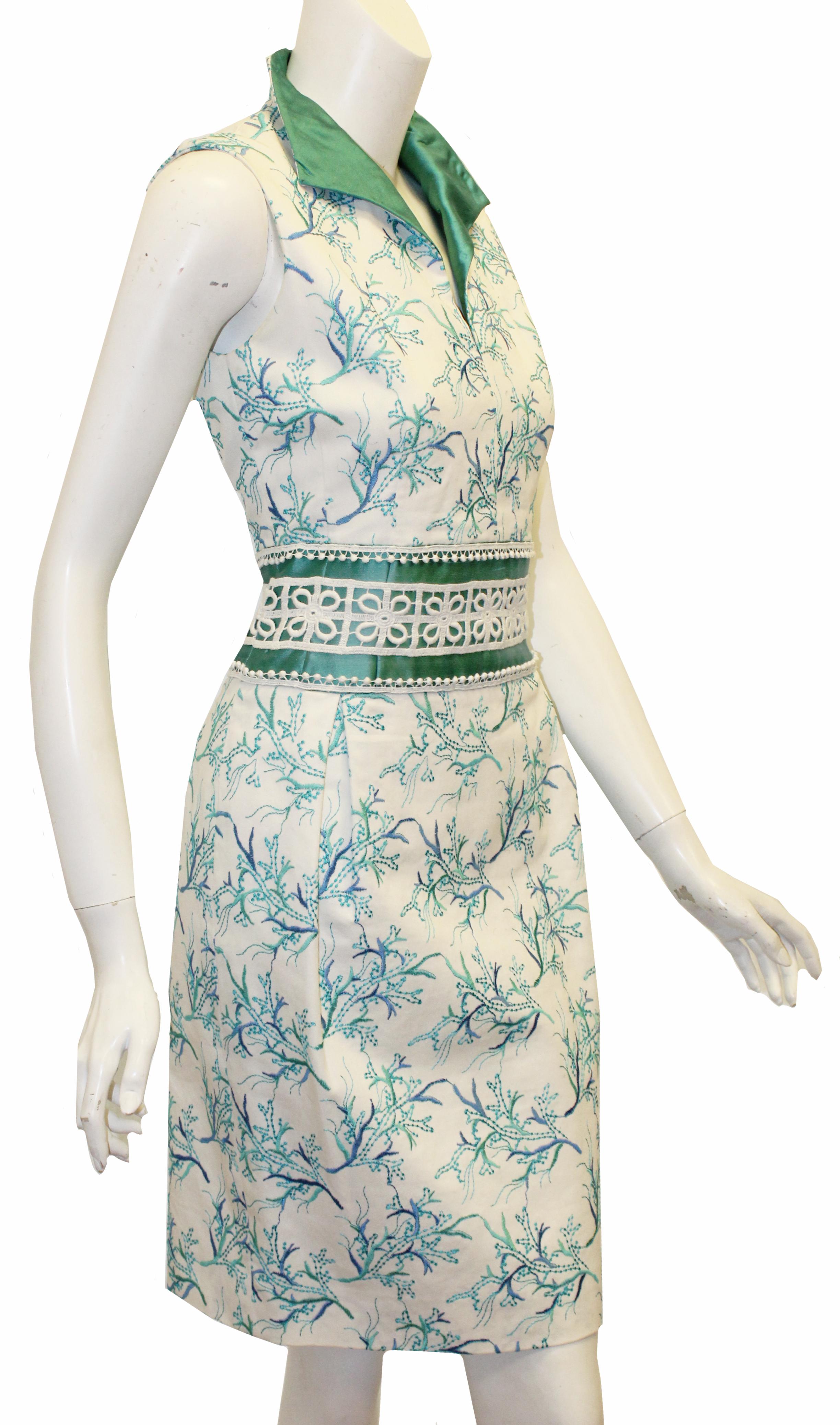 Paola Quadretti White & Turquoise Embroidered Dress  In Excellent Condition In Palm Beach, FL