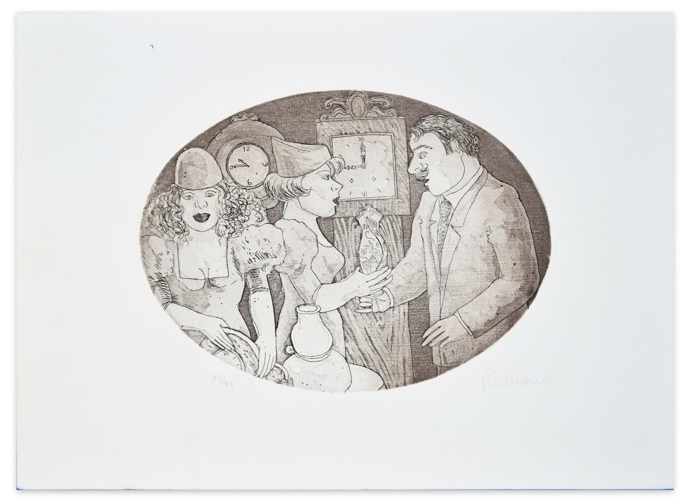 Appointment is an original etching artwork realized by Paola Romano.

Hand signed on the lower right in pencil and numbered edition 54/99 prints.

Perfect conditions. 

Her artworks are characterized by great dynamism and gestures, and they are