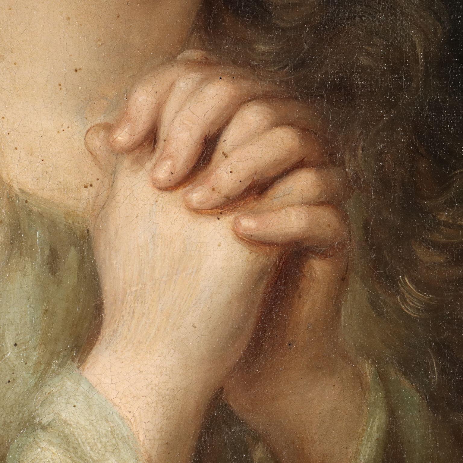 Huile sur toile.  Au verso se trouve une inscription à l'encre avec attribution et, en bas, une description de l'œuvre (à peine lisible).
Le tableau représente une jeune femme recueillie dans une attitude de prière ou de supplication, les mains