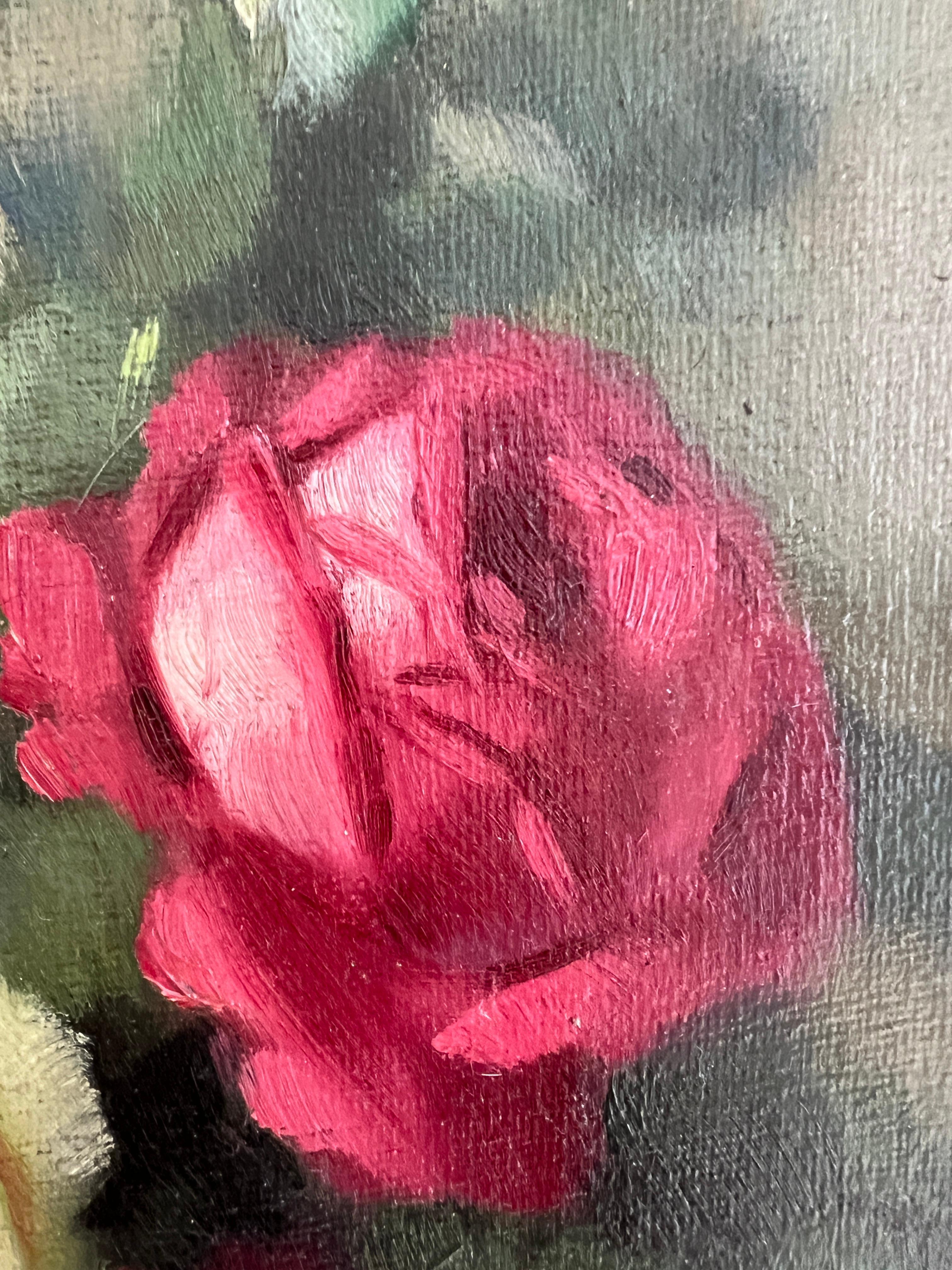 Lavori su tela
Telaio in legno dorato
Dimensioni con cornice: 55 x 45,5 x 4,2 cm

Quest'opera d'arte presenta una magnifica composizione floreale in cui sbocciano rose bianche e rosse. I fiori sono rappresentati in modo splendido, catturando la