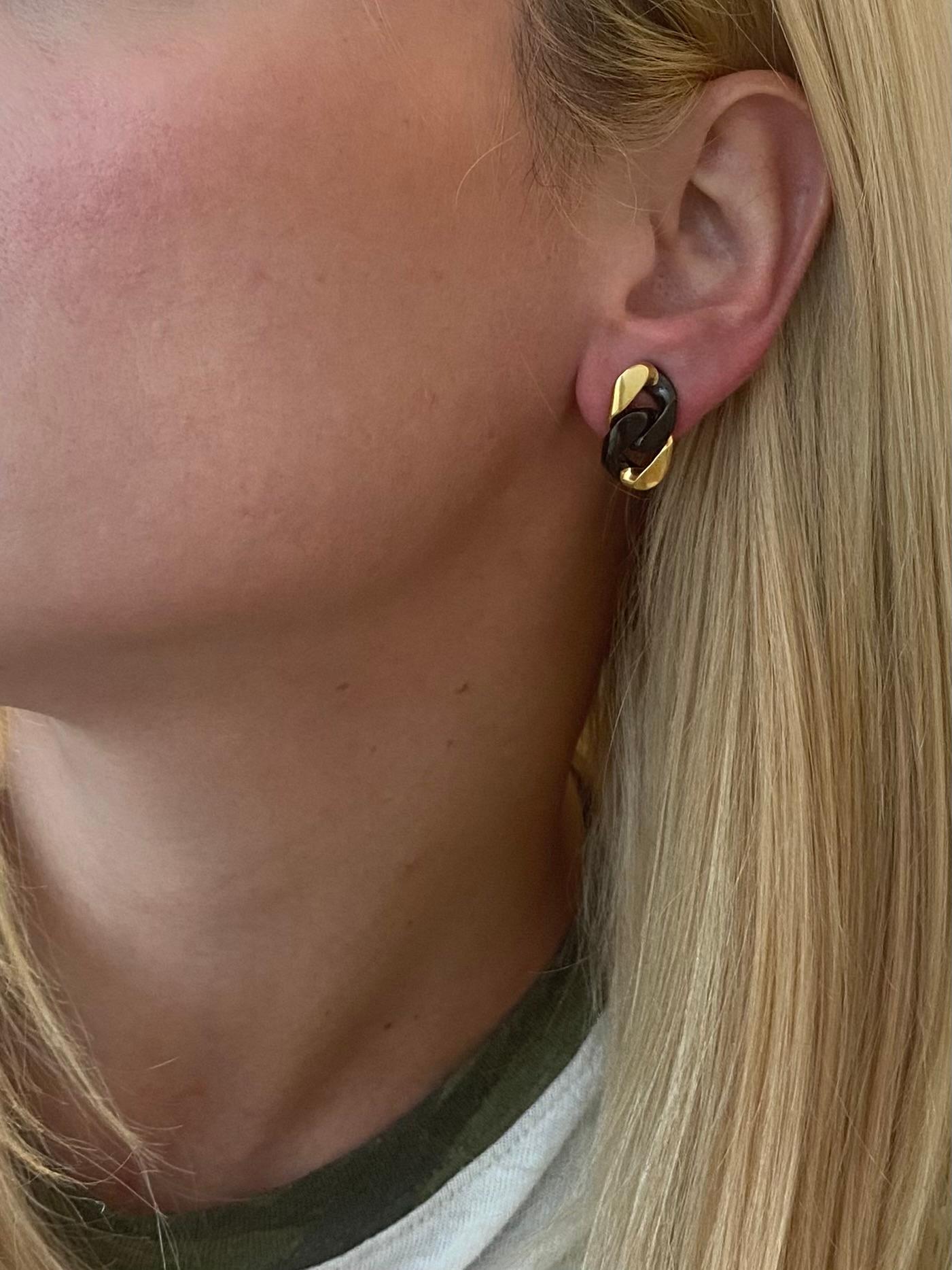 Pair of earrings designed by Paolo & Amedeo Bottoli.

Beautiful contemporary pair, made in Verona Italy by the Bottoli brothers. This pair of clips-earrings has been crafted in solid yellow and blackened gold of 18 karats. Suited with comfortable