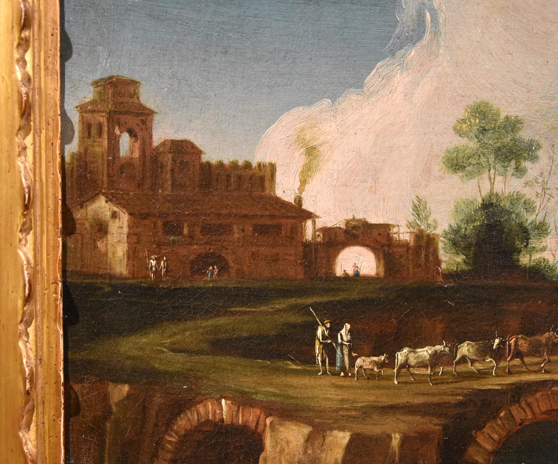 Landscape Paint Oil on canvas 18th Century Old master Roma Italy River Water Art For Sale 5