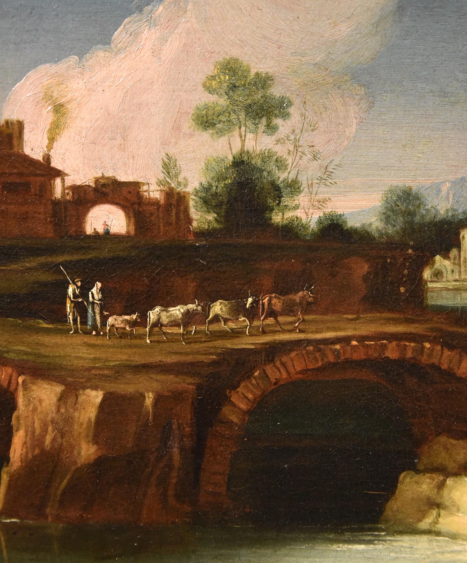 Landscape Paint Oil on canvas 18th Century Old master Roma Italy River Water Art For Sale 6