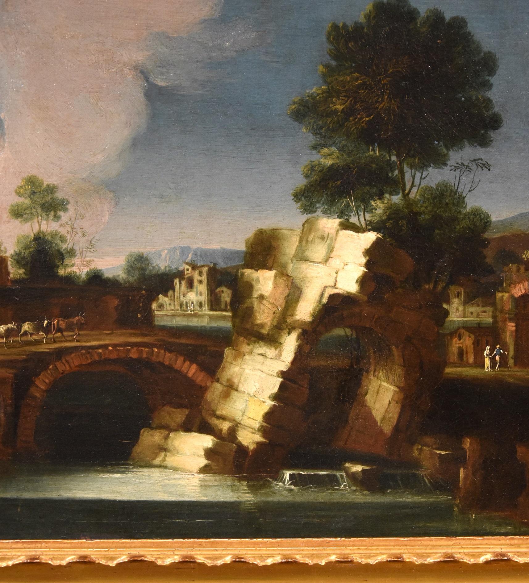 Landscape Paint Oil on canvas 18th Century Old master Roma Italy River Water Art For Sale 9