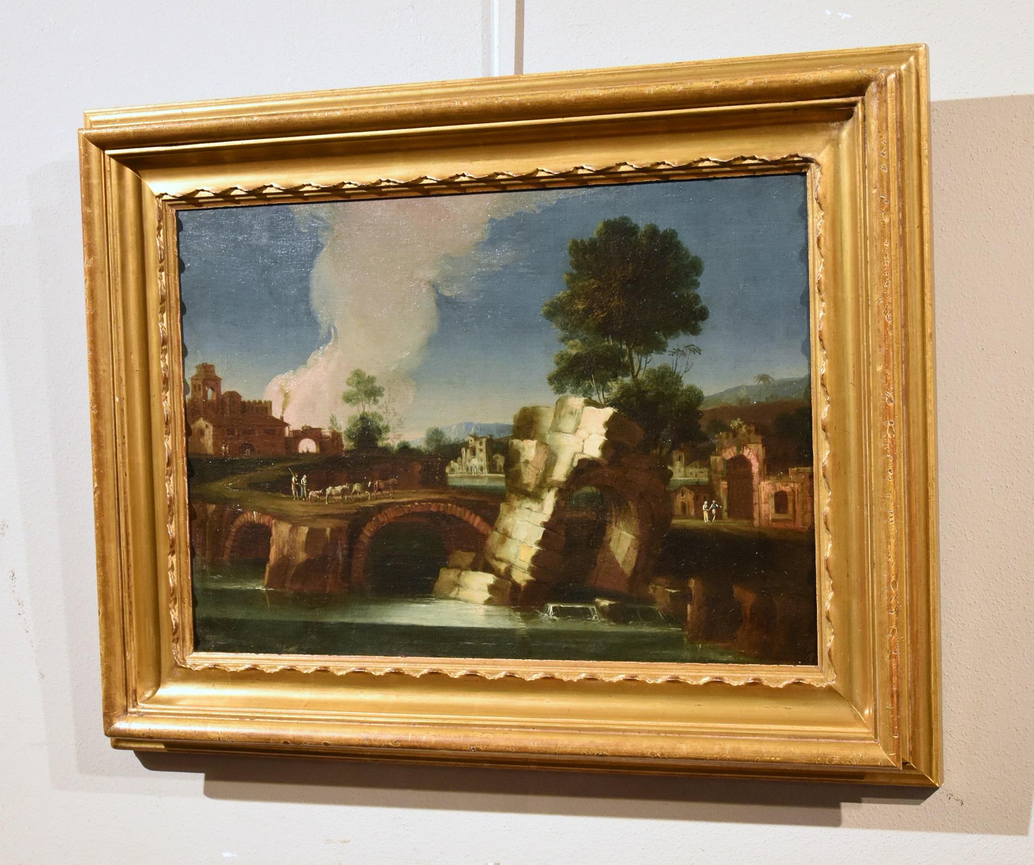Landscape Paint Oil on canvas 18th Century Old master Roma Italy River Water Art For Sale 10