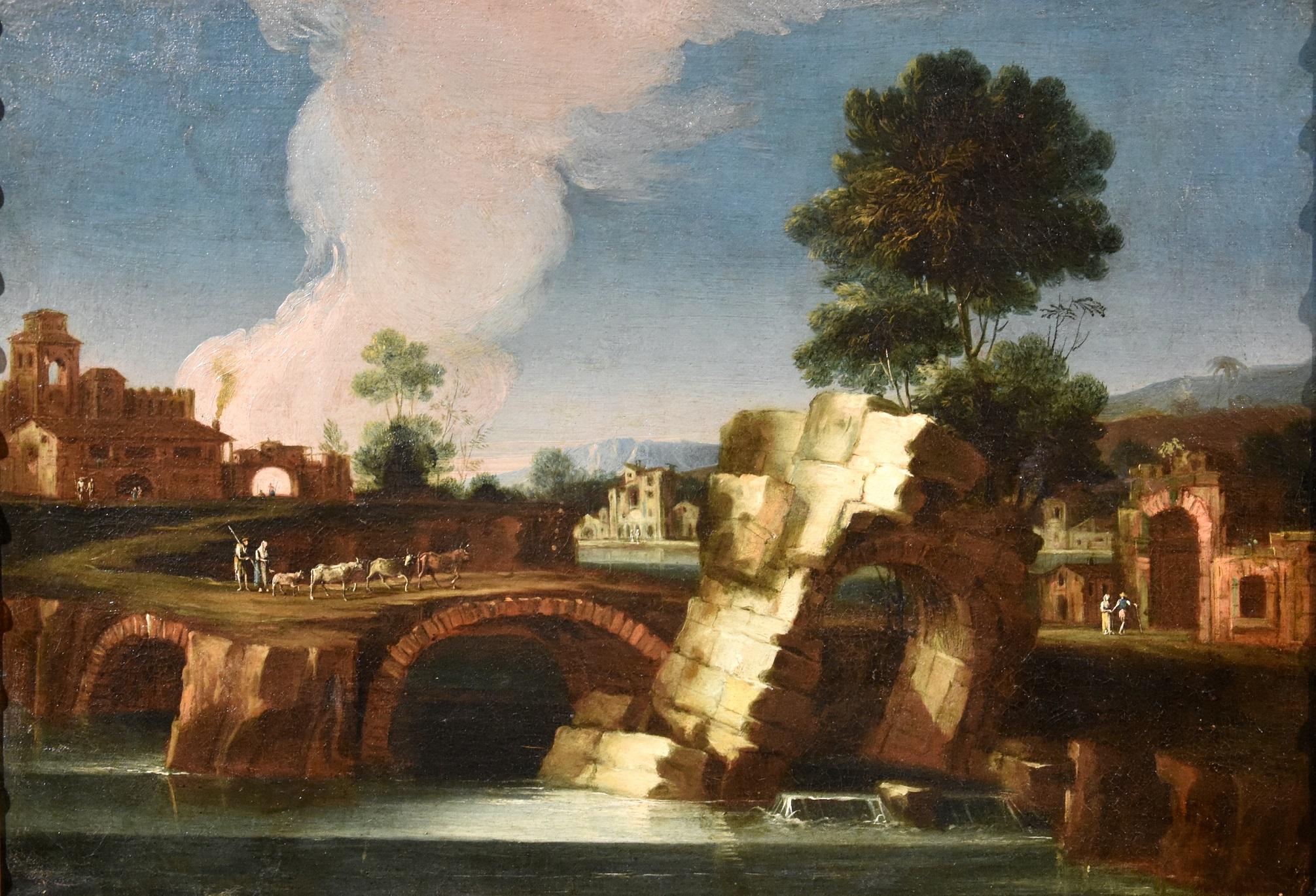 Paesaggio dipinto Olio su tela 18° secolo Vecchio maestro Roma Italia Fiume Acqua Arte