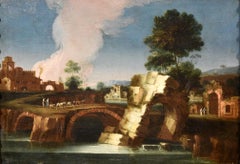 Landscape Paint Oil on canvas 18th Century Old master Roma Italy River Water Art