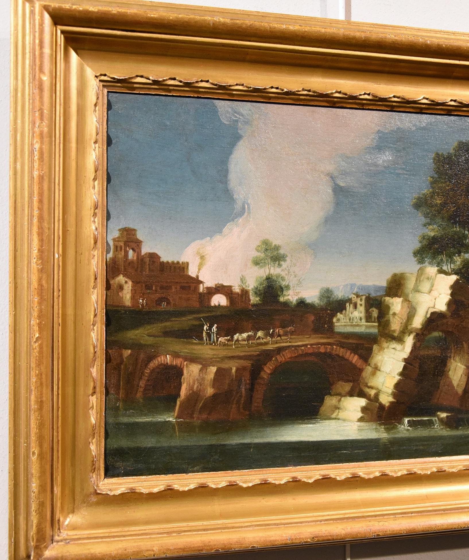 Landscape Paint Oil on canvas 18th Century Old master Roma Italy River Water Art - Old Masters Painting by Paolo Anesi (Rome 1697 - 1773)