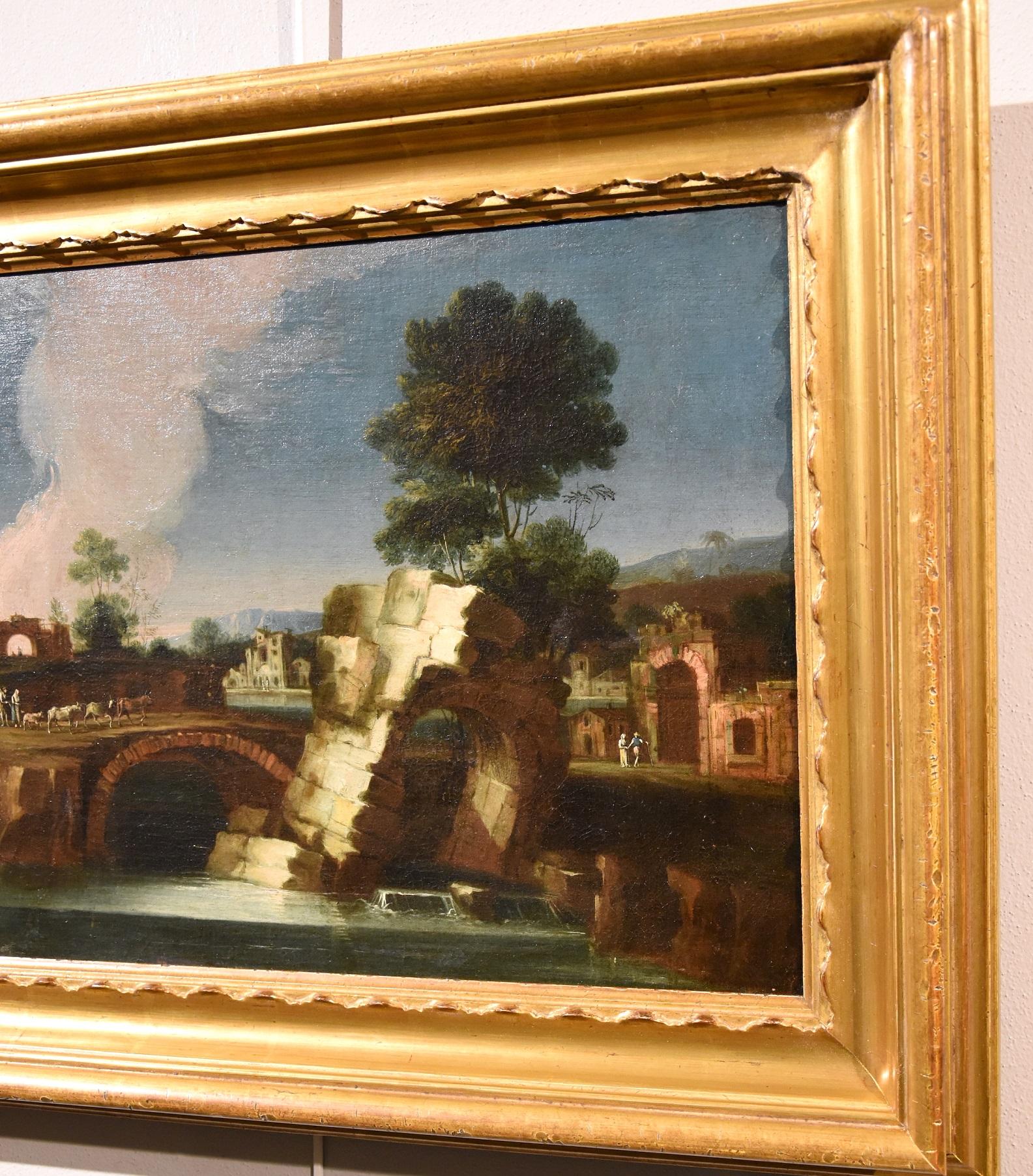 Landscape Paint Oil on canvas 18th Century Old master Roma Italy River Water Art - Brown Landscape Painting by Paolo Anesi (Rome 1697 - 1773)