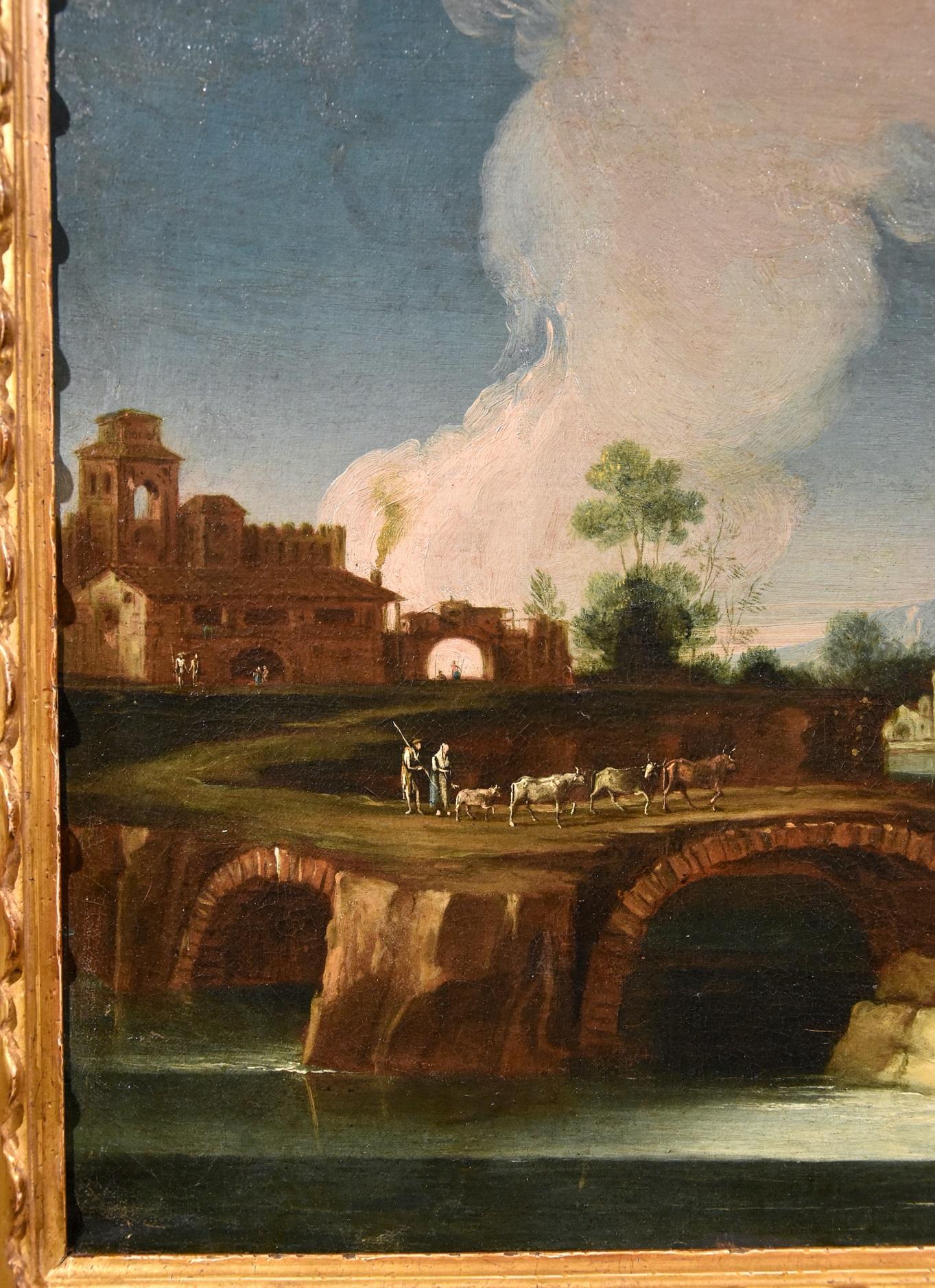 Roman landscape painter of the eighteenth century - Entourage by Paolo Anesi (Rome 1697 - 1773)
River landscape of the Lazio countryside, with the Tiber flowing between some villages and a ruined arch

II half XVIII century
oil on canvas, (cm.) 37 x