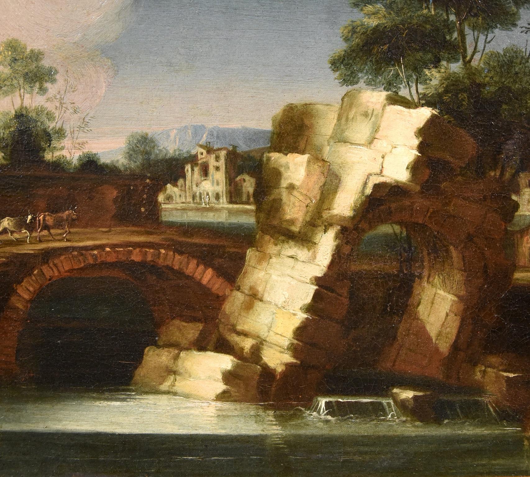 Landscape Paint Oil on canvas 18th Century Old master Roma Italy River Water Art For Sale 1