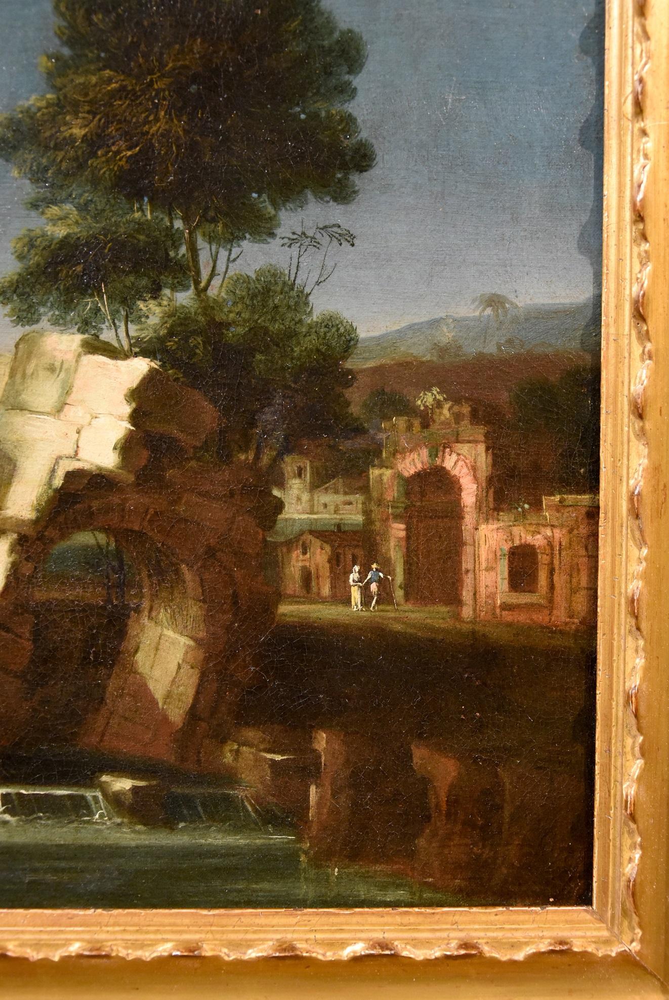 Landscape Paint Oil on canvas 18th Century Old master Roma Italy River Water Art For Sale 2