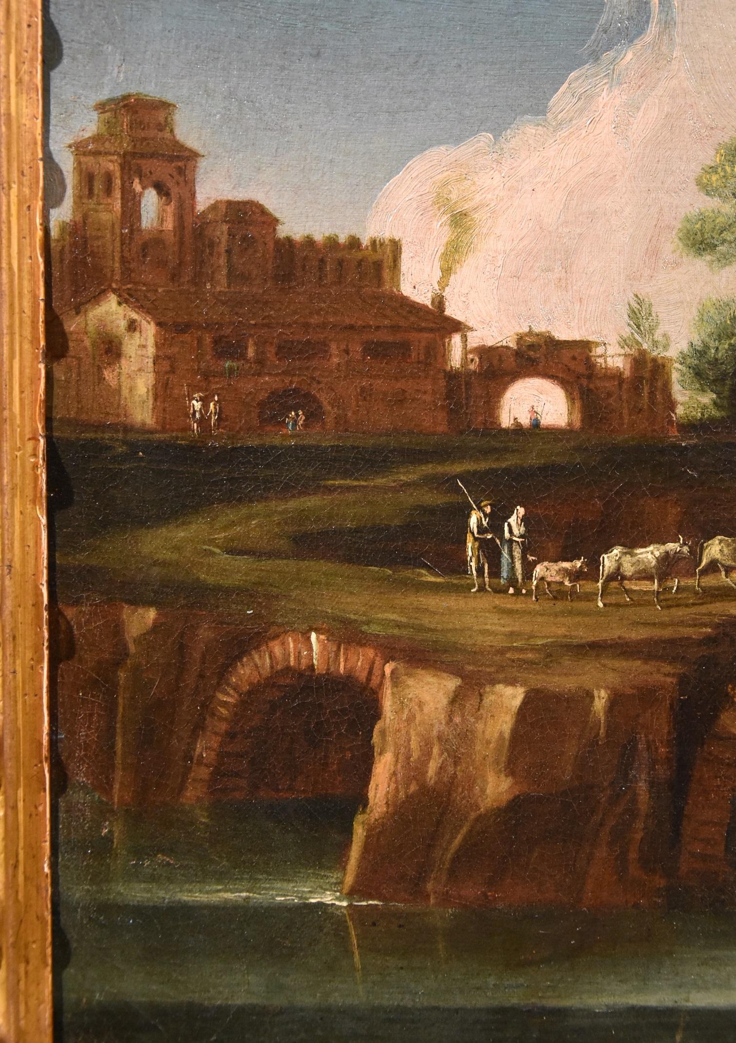 Landscape Paint Oil on canvas 18th Century Old master Roma Italy River Water Art For Sale 4