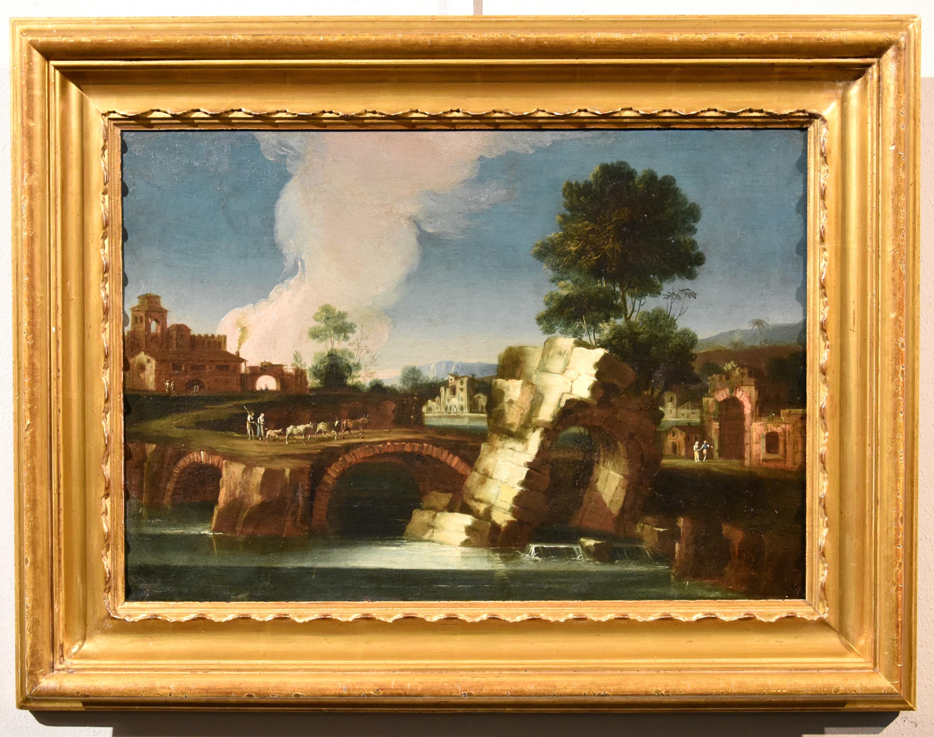 Landscape Paint Oil on canvas 18th Century Old master Roma Italy River Water Art - Painting by Paolo Anesi (Rome 1697 - 1773)