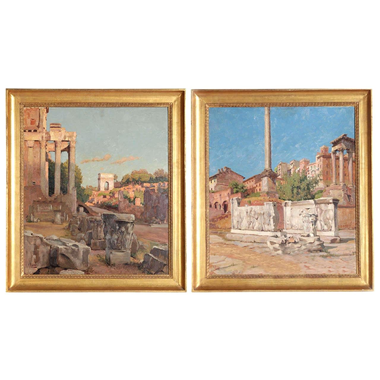 Fine Pair of  Classical Roman Landscape Oil on Canvas Signed P. Baroni, 1920 1