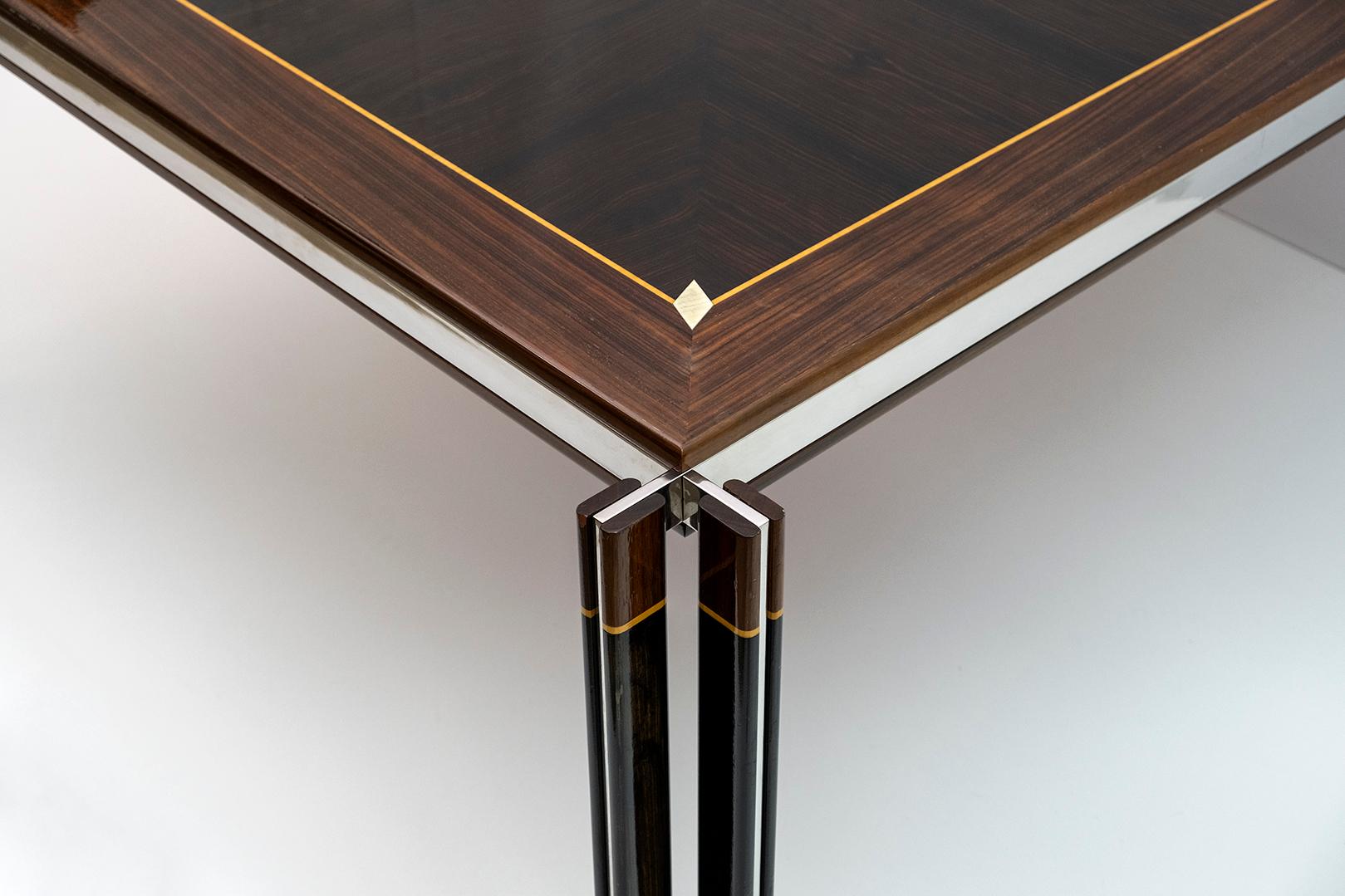 Paolo Barracchia Italian Steel and Inlaid Wood Dinning Table by Roman Deco, 1978 For Sale 8
