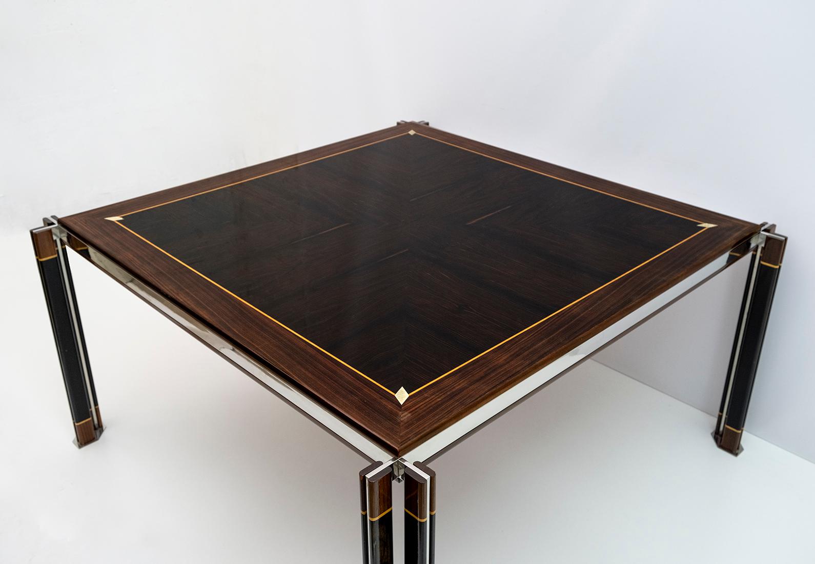 Mid-Century Modern Paolo Barracchia Italian Steel and Inlaid Wood Dinning Table by Roman Deco, 1978 For Sale