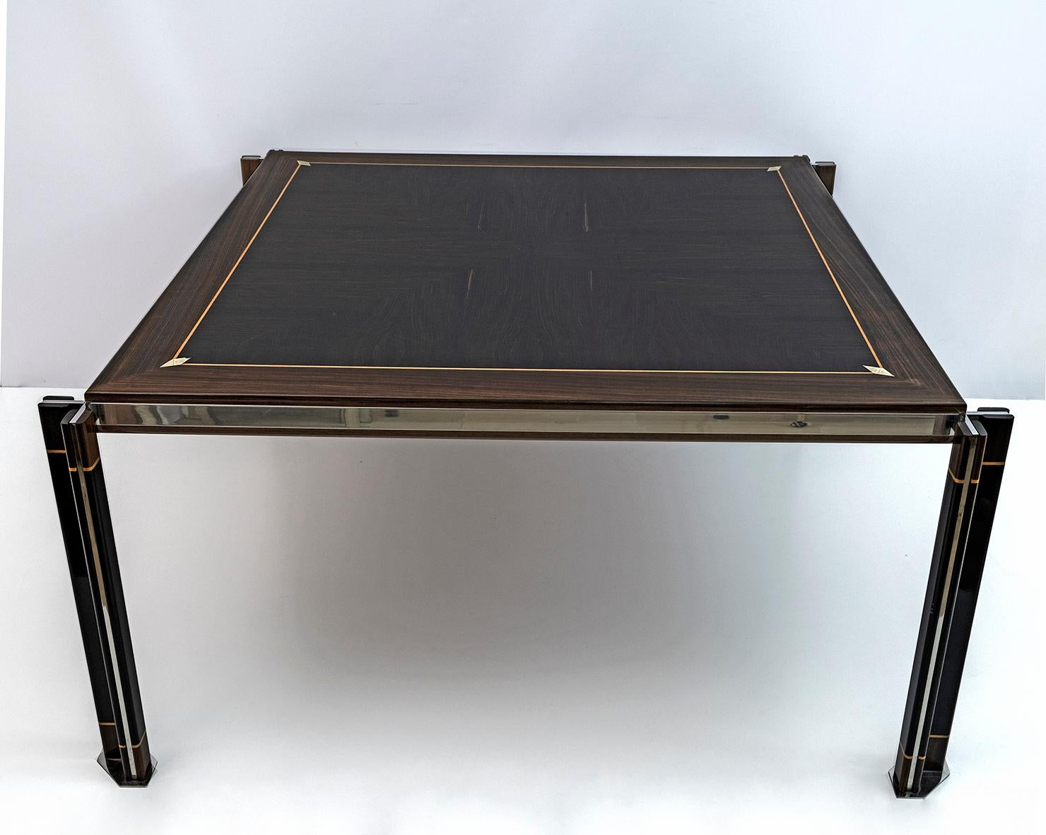 Late 20th Century Paolo Barracchia Italian Steel and Inlaid Wood Dinning Table by Roman Deco, 1978 For Sale