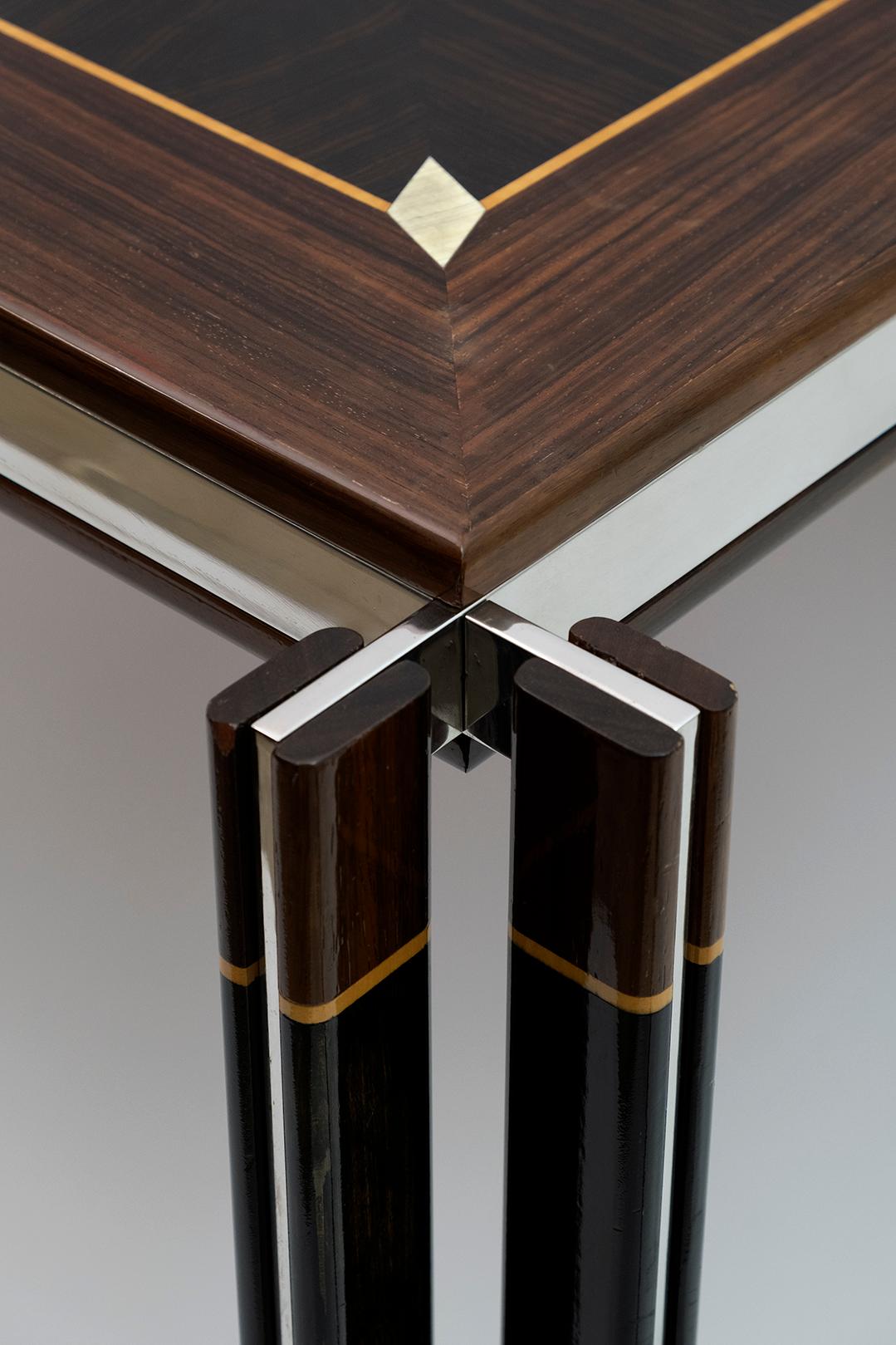 Paolo Barracchia Mesa de comedor italiana de acero y marquetería de madera de Roman Deco, 1978 en venta 1