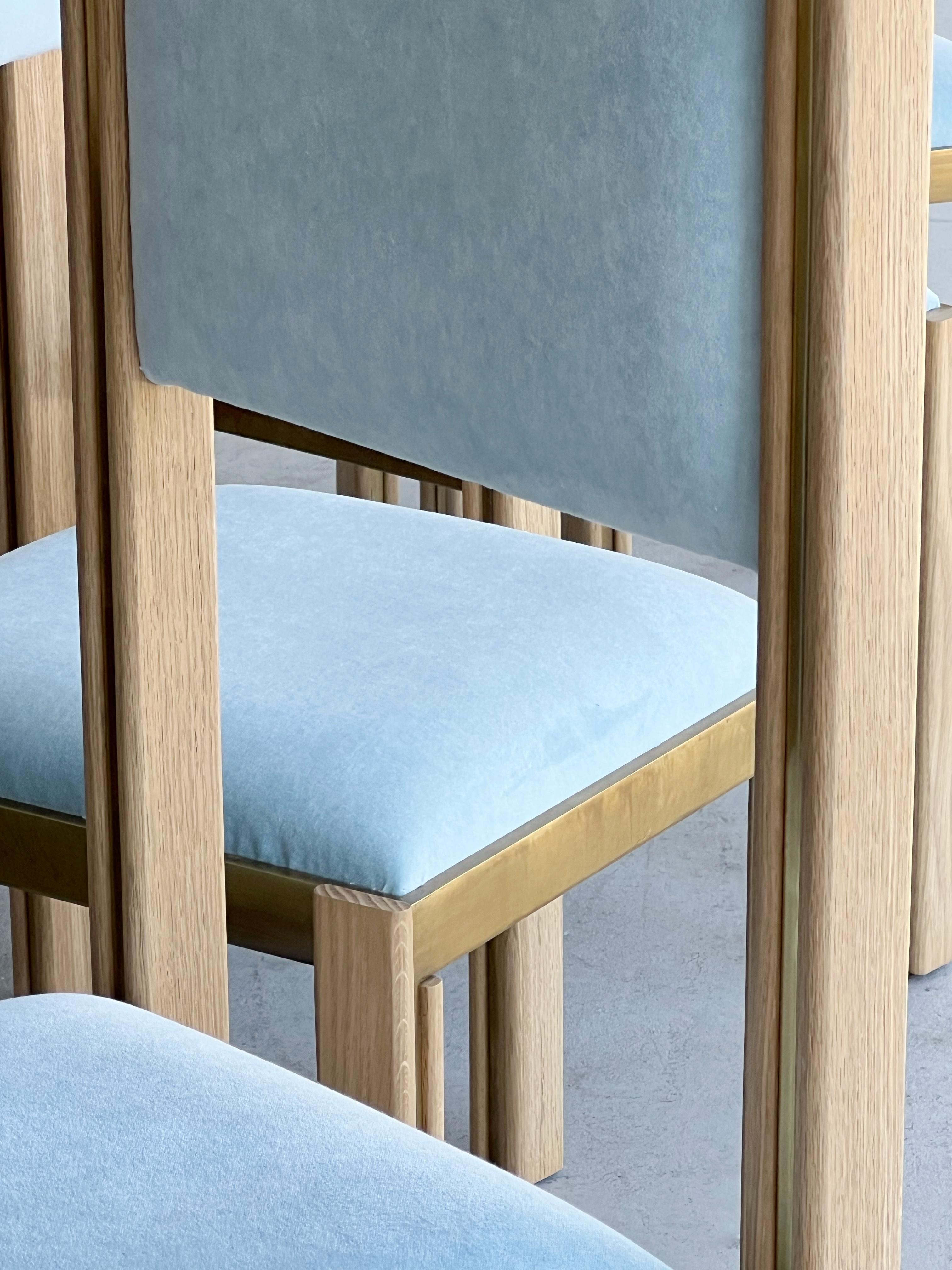 Late 20th Century Paolo Barracchia Oak and Brass 8 Dining Chairs For Sale