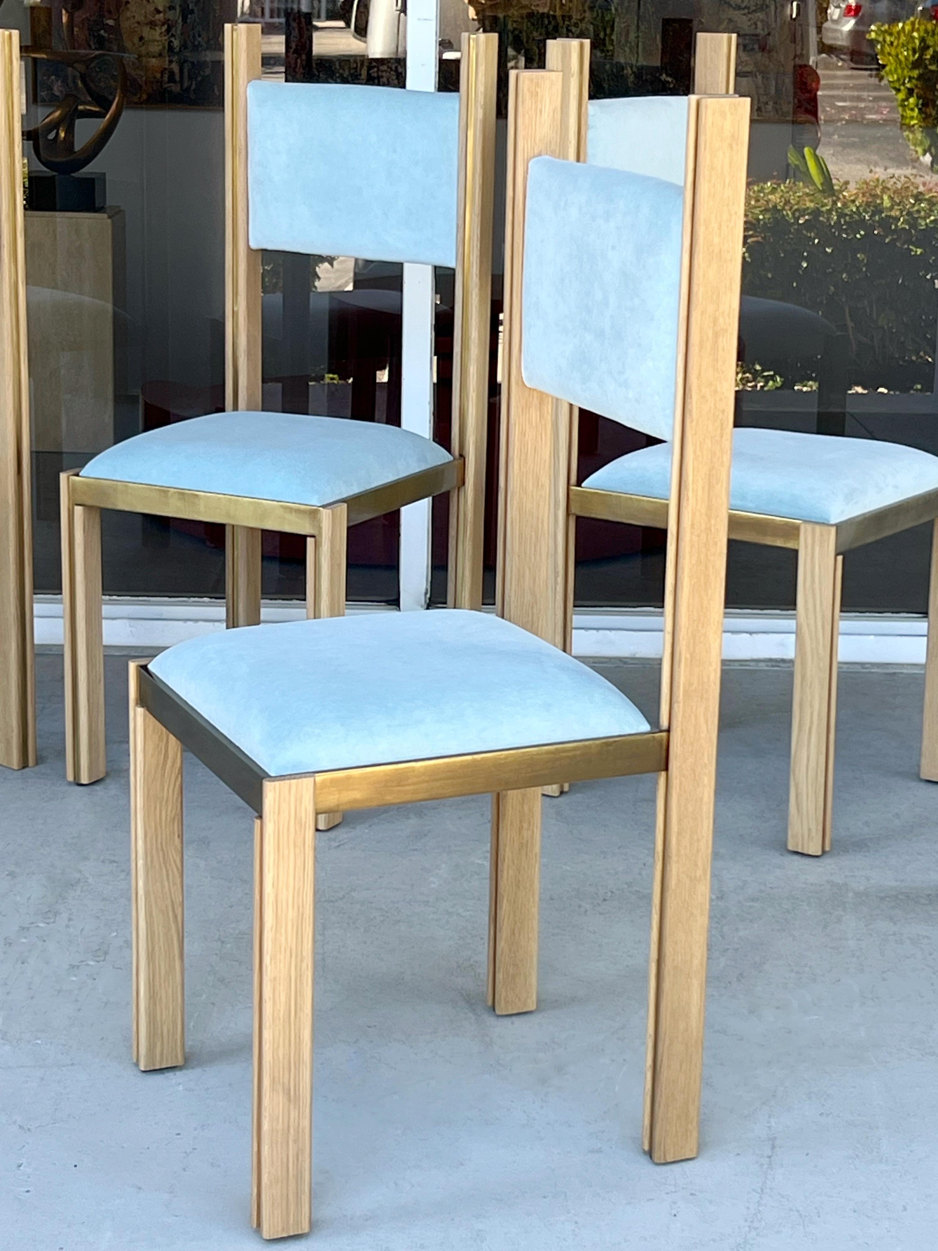 Paolo Barracchia Oak and Brass 8 Dining Chairs For Sale 3