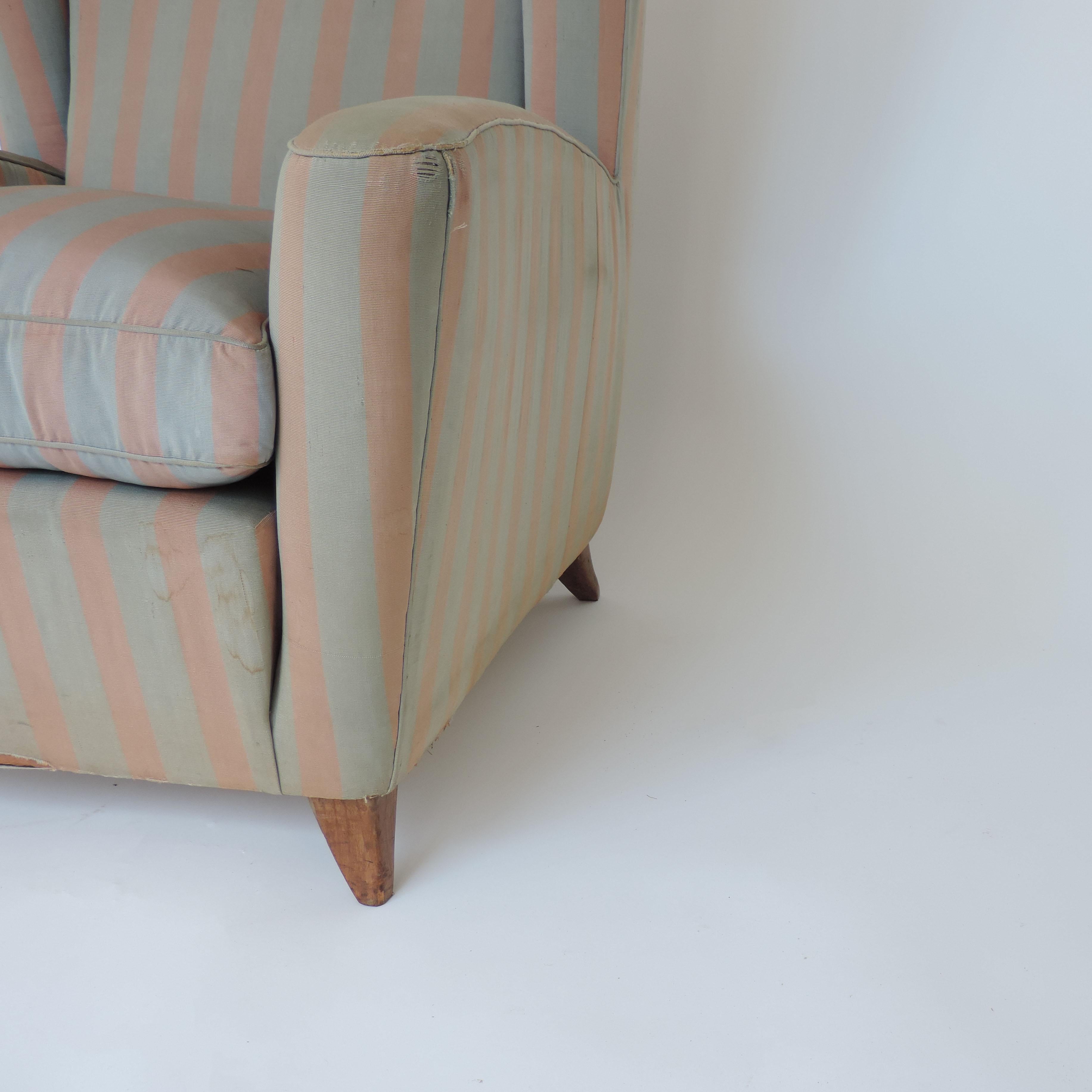 Mid-Century Modern Paolo Buffa 1940s Armchair in Original Pink and Light Grey Stripes Fabric For Sale