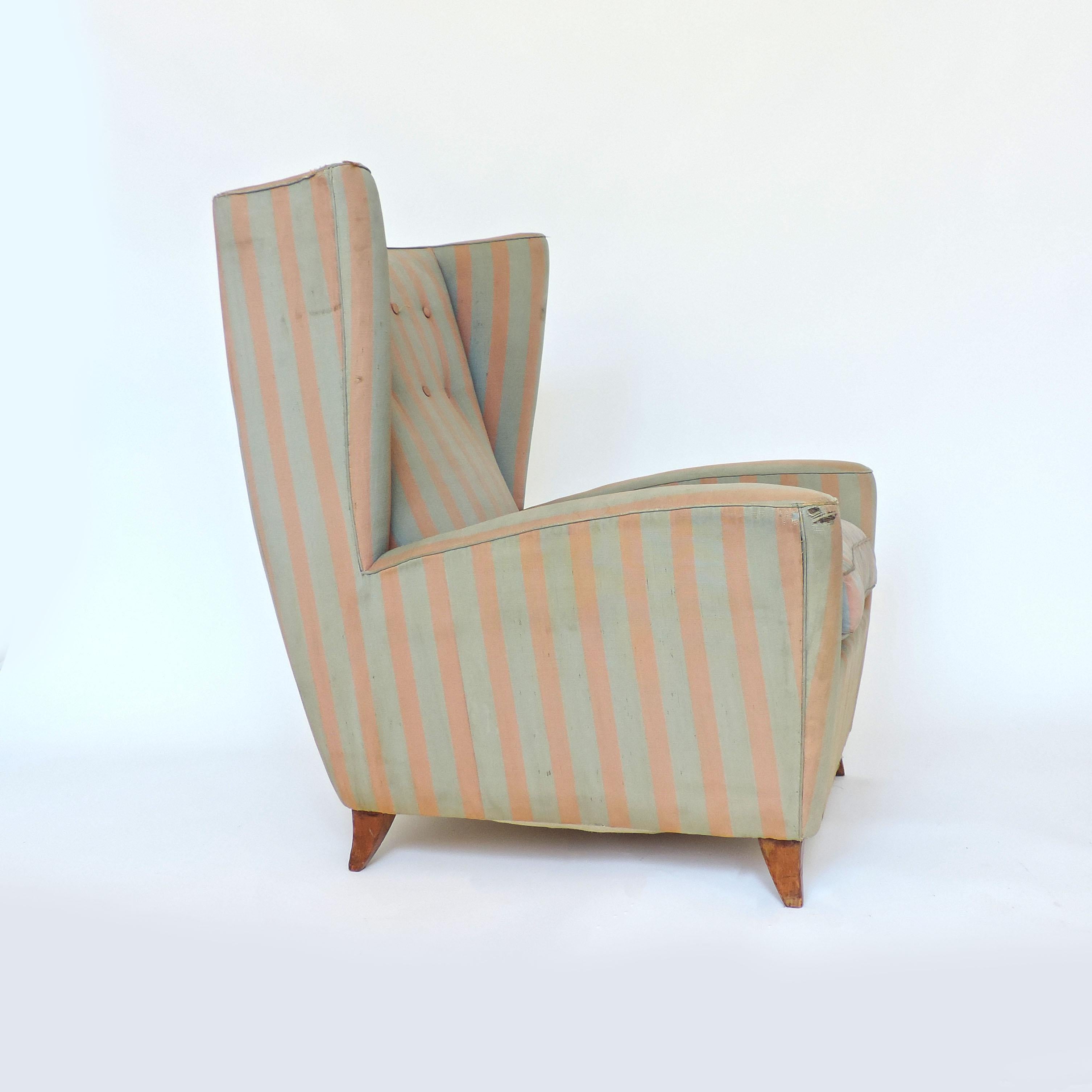 Mid-20th Century Paolo Buffa 1940s Armchair in Original Pink and Light Grey Stripes Fabric For Sale