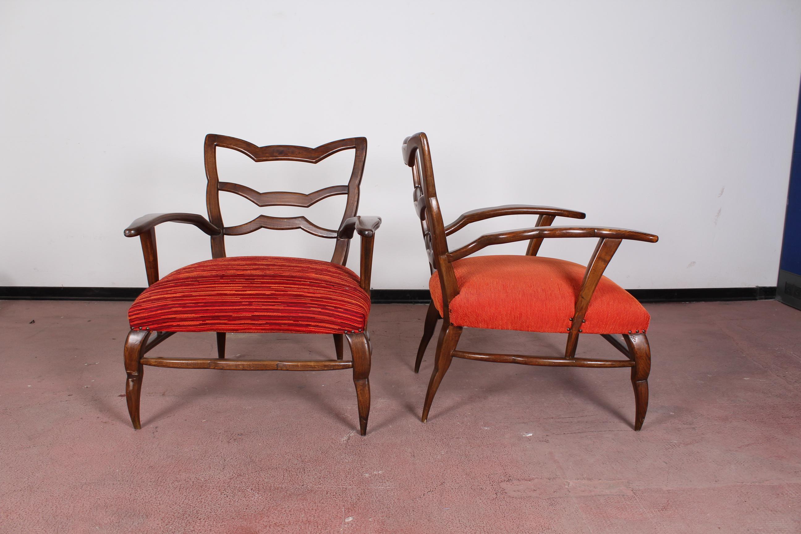Italian 20th Century Paolo Buffa pair of orange Armchairs 40s Italy 