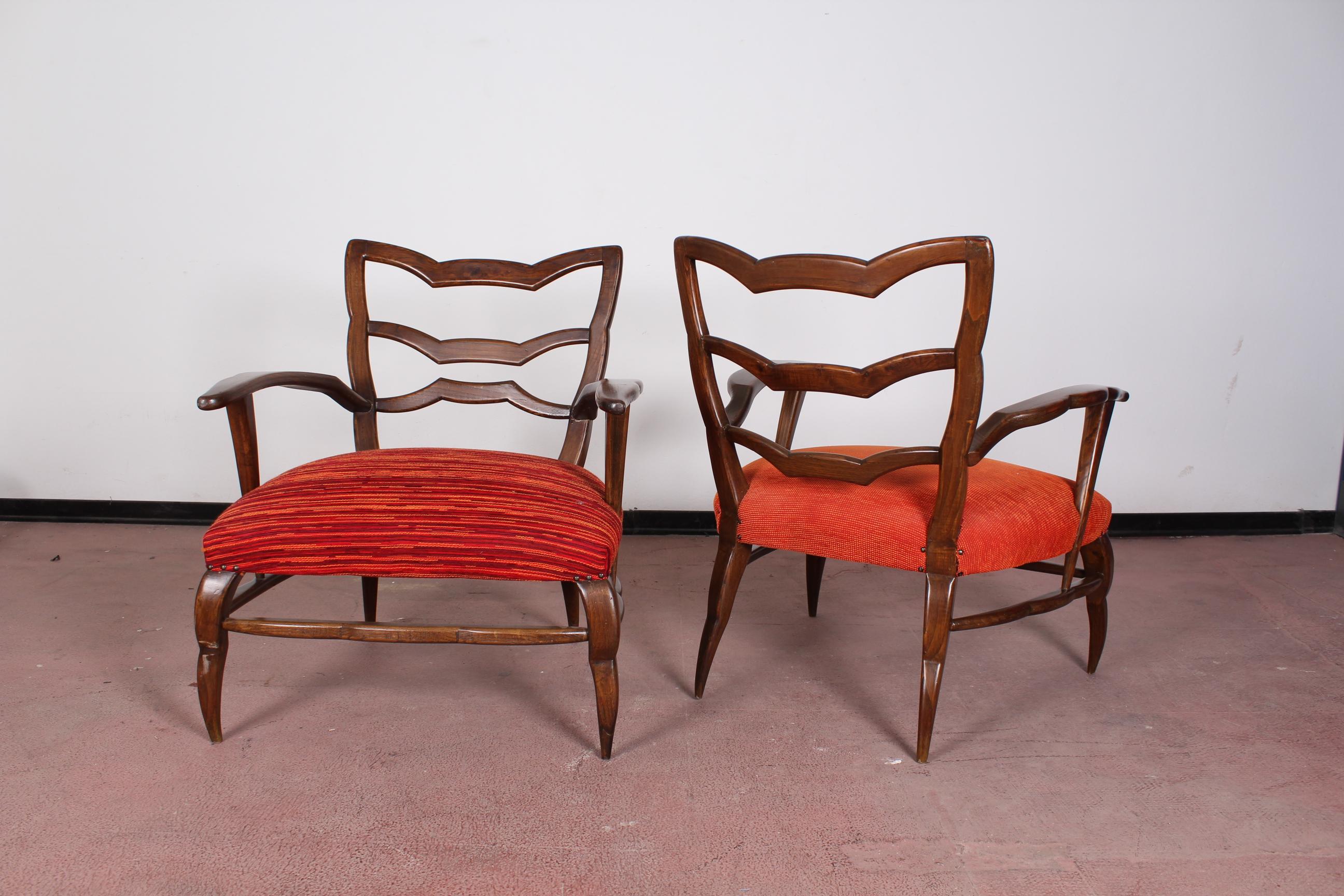 Carved 20th Century Paolo Buffa pair of orange Armchairs 40s Italy 