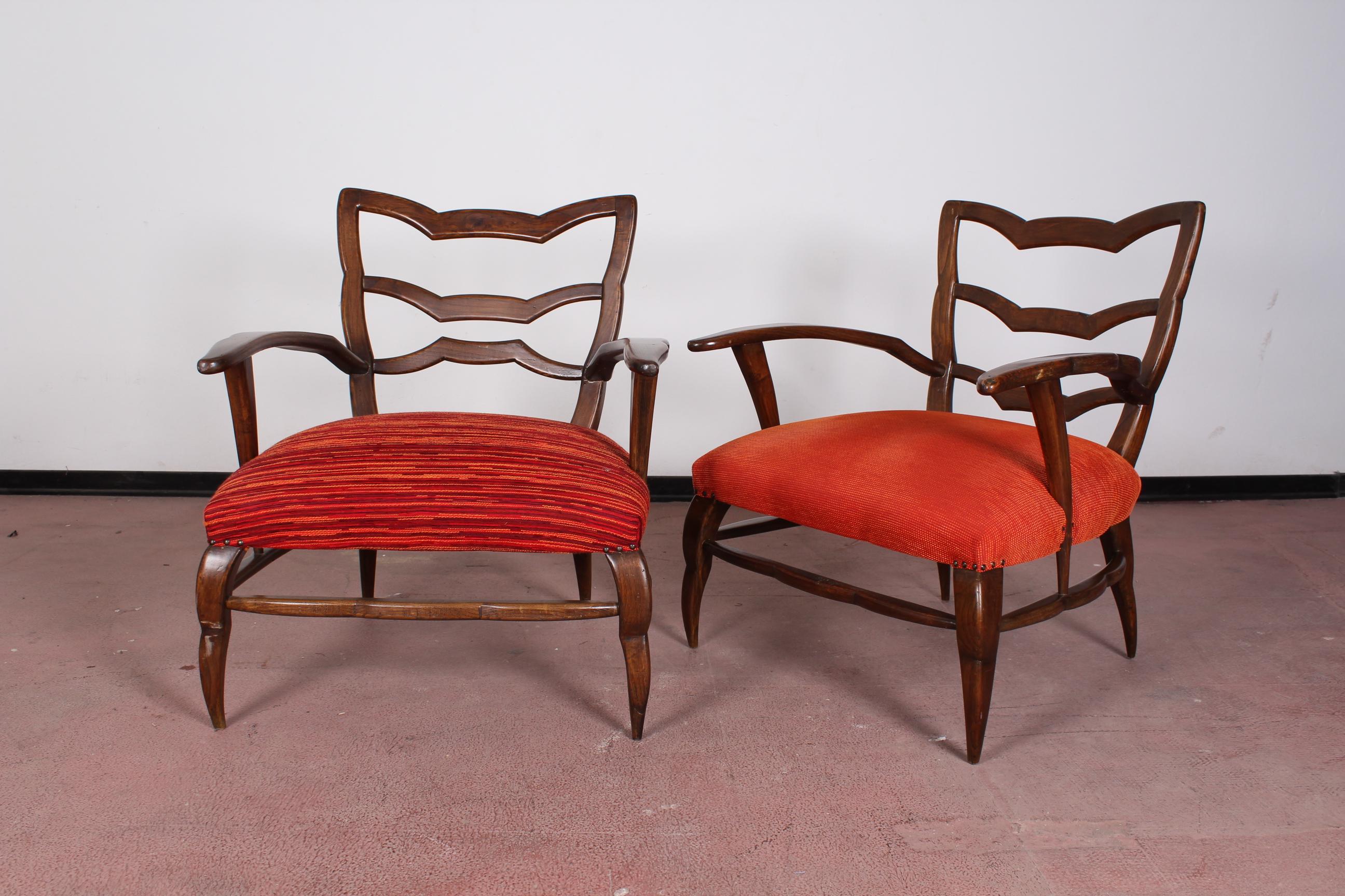 Wood 20th Century Paolo Buffa pair of orange Armchairs 40s Italy 