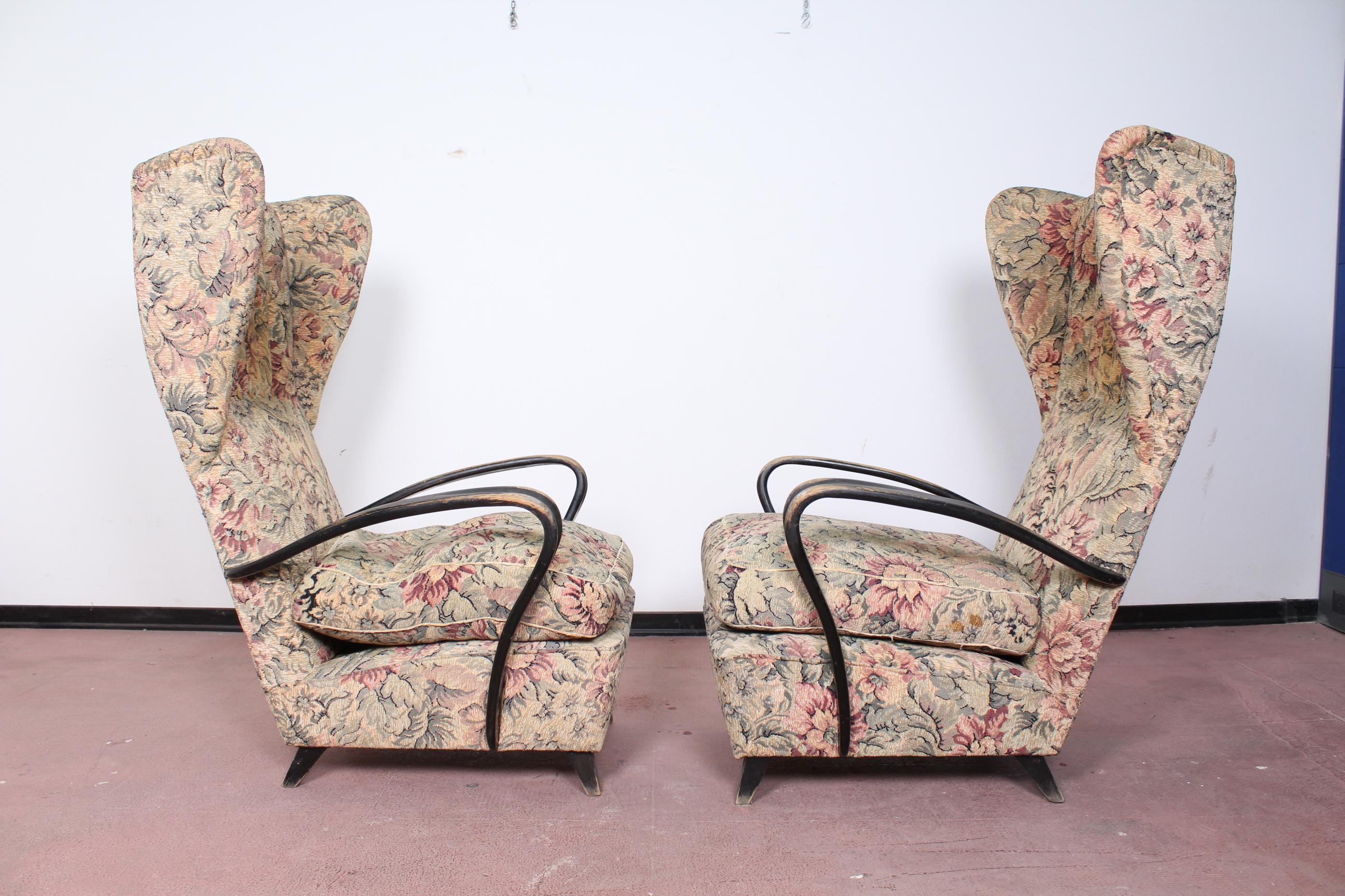 Mid-Century Modern 20th Century Paolo Buffa  pair of Armchairs floral fabric Italy 40s.