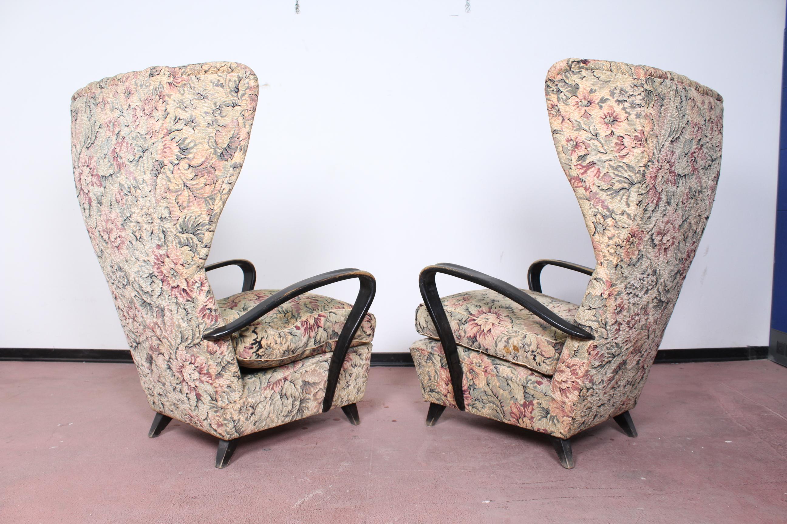 Italian 20th Century Paolo Buffa  pair of Armchairs floral fabric Italy 40s.