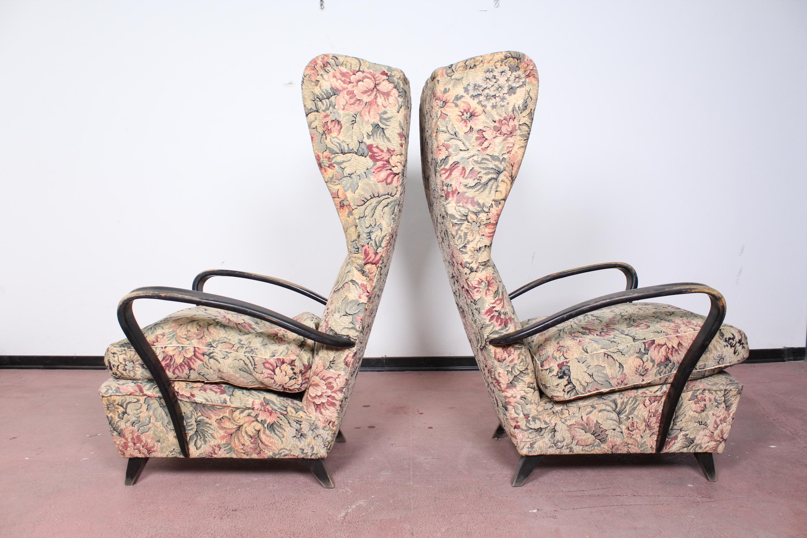 Mid-20th Century 20th Century Paolo Buffa  pair of Armchairs floral fabric Italy 40s.