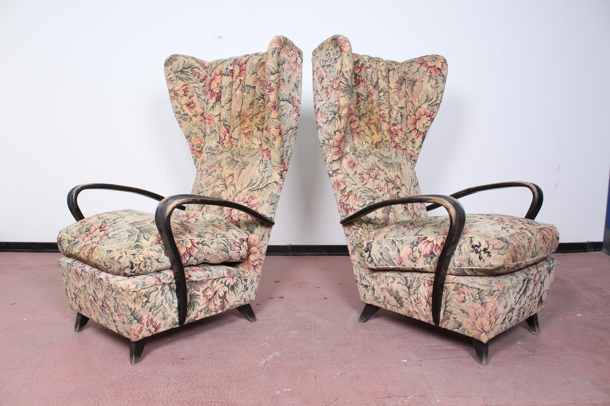 Wood 20th Century Paolo Buffa  pair of Armchairs floral fabric Italy 40s.