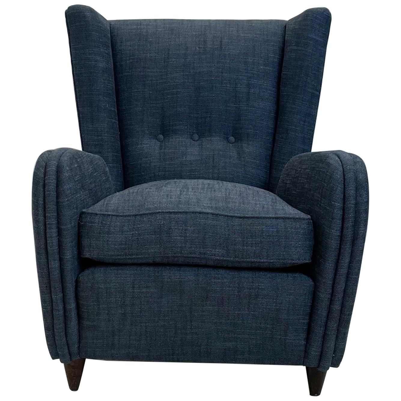 Moderner Sessel aus blauem Stoff von Paolo Buffa aus der Mitte des Jahrhunderts 